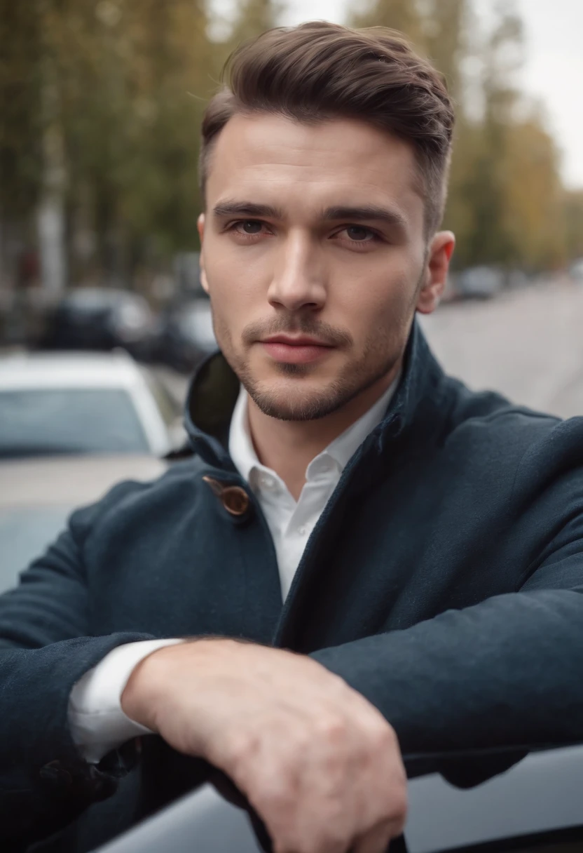 Portrait of handsome man 30 years old round face cinematic appearance、Camisa branca e jaqueta、Looking in front of the camera driving a car