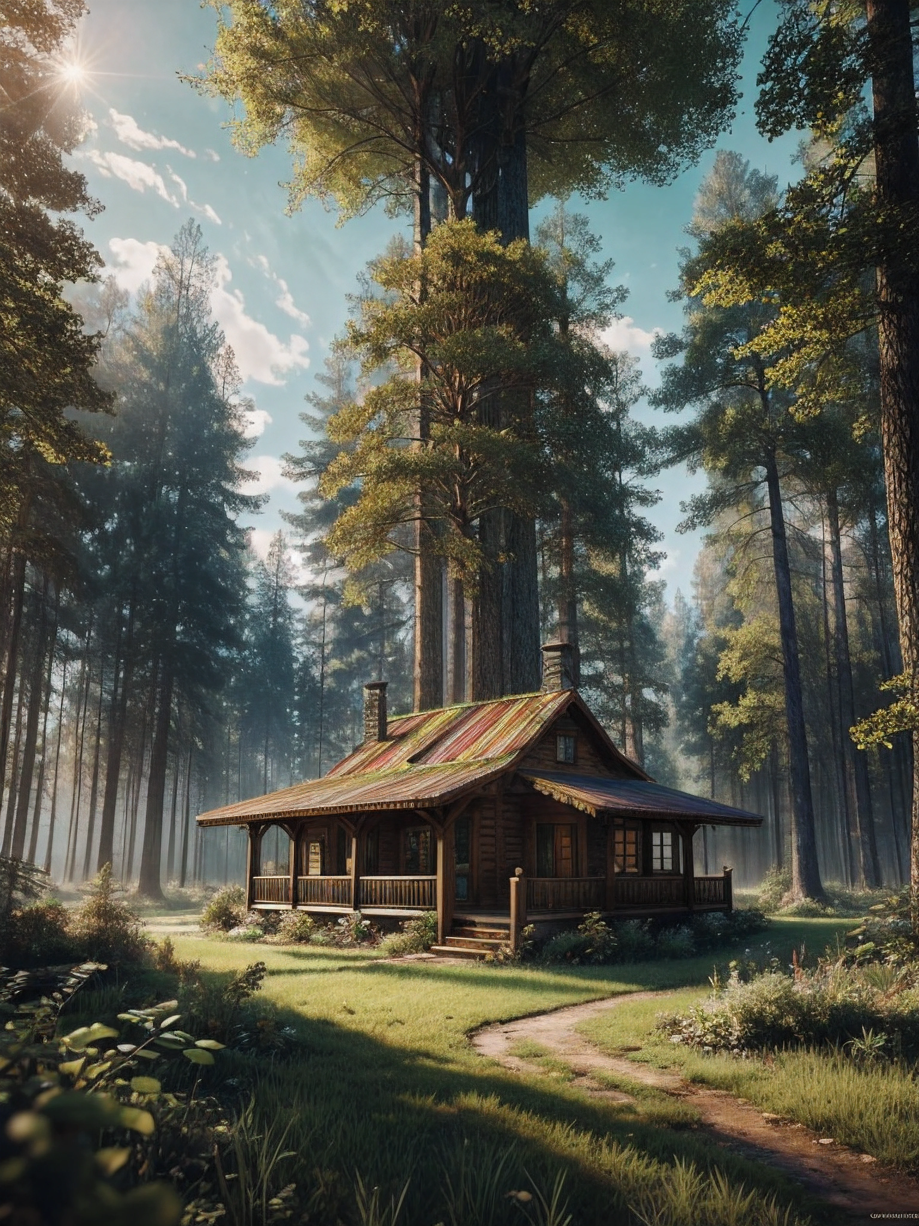 an illustration of the enchanted forest, with tall green trees, small colorful house in a fantasy mushroom in the center, magic, centered, symmetry, painted, intricate, volumetric lighting, beautiful, rich deep colors masterpiece, sharp focus, ultra detailed, astrophotography. The composition is very detailed, 8K, perfect composition., ultra hd, realistic, vivid colors, highly detailed, UHD drawing, pen and ink, perfect composition, beautiful detailed intricate insanely detailed octane render trending on artstation, 8k artistic photography, photorealistic concept art, soft natural volumetric cinematic perfect light