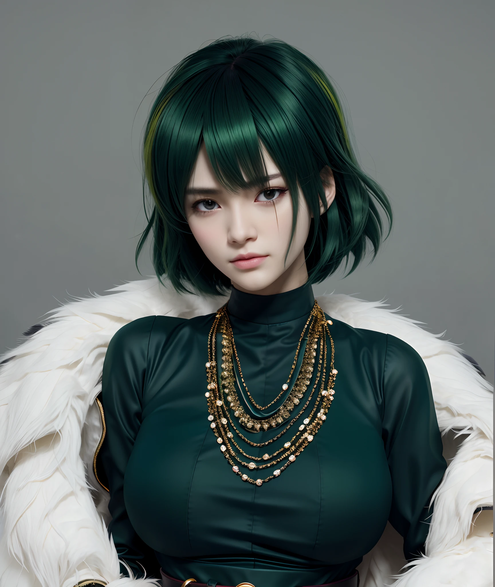 there is a woman with a green clothes and a fur coat and a belt, anime girl in real life, photorealistic anime girl render, ig model | artgerm, tatsumaki from one punch man, green hime cut hair, with short hair, realistic artstyle, sui ishida with green hair, masayoshi suto and artgerm. 8k, High quality image, masterpiece, detailed hair texture, detailed skin texture, detailed cloth texture, 8k, add fabric details, ultra detailed skin texture, ultra detailed photo, skin pores, cloth details, high skin details, realistic hair details, dramatic light