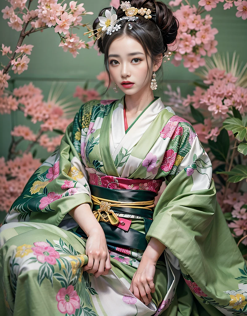 (beautiful model as courtesan in Japanese epic drama:1.3, Date Hyogo hairstyle:1.6, Oiran-style:1.4), (solo), ((face is 80% beauty and elegance, 20% pretty and cute):1.5), (Her roots are in Eastern Europe and Asia), clear eyes, (detailed eyes, light green eyes, bright pupils), Double Eyelids, (sexy lips with a little thickness:1.2), super detailed and incredibly high resolution Oiran-style Kimono, Highly Detailed Face Texture, striking body shape, curvy and very attractive woman, The colors of Oiran-style kimonos are very colorful, original, and gorgeous, high-resolution RAW color photo pro photo, BREAK (Wearing a colorful Oiran-style kimono with plenty of bright matcha green color), (The main color is gentle white, the bright matcha green stands out), (elaborately made classical Japanese colorful Oiran-style kimono), ((The pattern is a marble pattern of bright matcha green, dark matcha green, and white mixed together, like matcha ole)), (black Oiran-style obi that matches this Oiran-style kimono), ((bright matcha green and dark matcha Green and white marble pattern Oiran-style kimono)), (background is a Japanese parlor | Otyashitu) BREAK ((best quality, 8k)), sharp focus: 1.2, (layer cut, big: 1.2), (perfect portrait: 1.4 ), (Beautiful shape and big breasts: 1.3), Thin waist, (Correct hand shape: 1.5), (Full body shot | Cowboy shot | Back view)