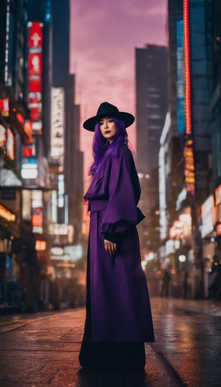 japanaese girl,pale skin,beatiful face(purple hair)red jacket,Tokyo at night, with Cyberpunk style,Japanese streetwear,Tokyo Fashion,In a Cyberpunk 2 jacket 0 7 7,Full-length,attractive pose,Bottom view,Araffe woman in black dress and black hat posing for photo, inspired by Otake Chikuha, Sui Ishida with black hair, based on Iwasa Matabey, Masami Kurumada Style, inspired by Yukihiko Yasuda, based on Sakai Hoitsu, Wearing Japanese technical clothing, wearing a black noble suit