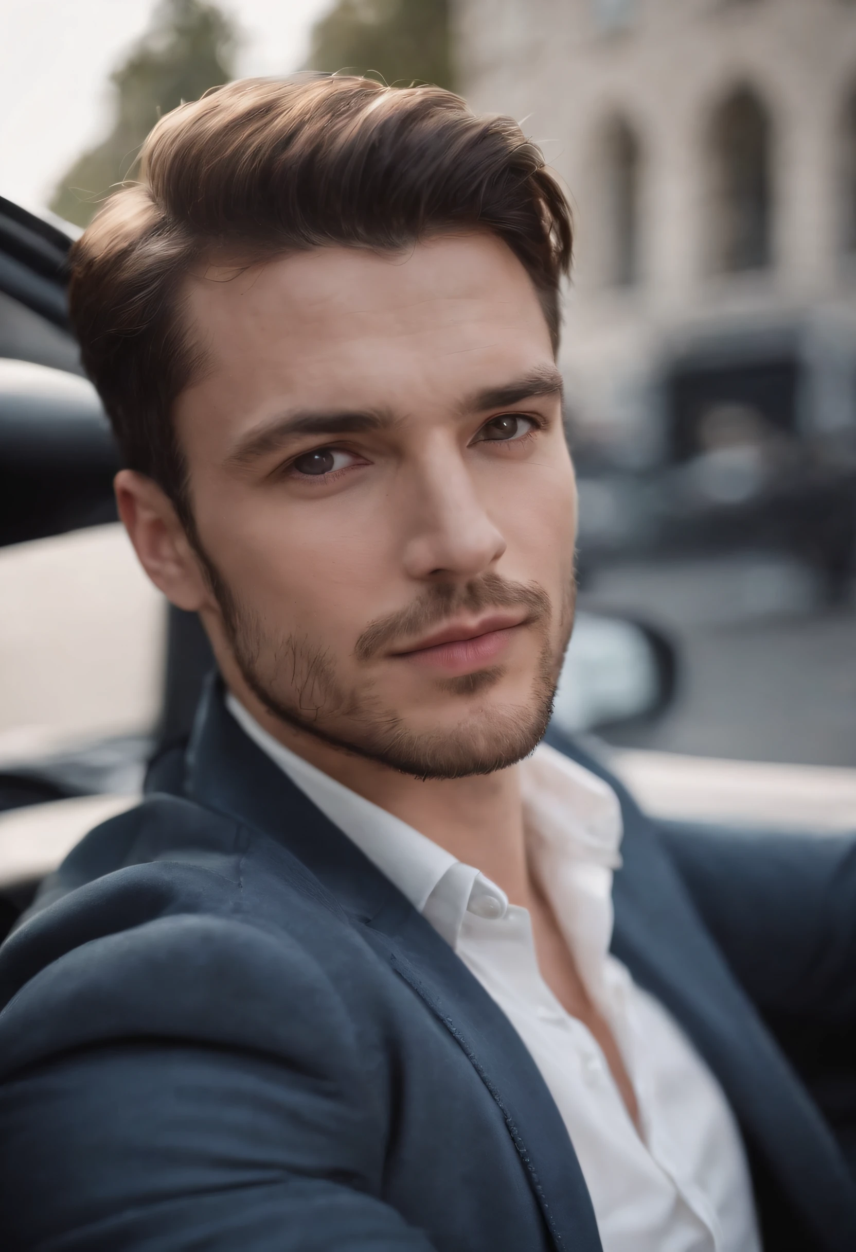 Portrait of handsome man 30 years old round face cinematic appearance、Camisa branca e jaqueta、Looking in front of the camera driving a car
