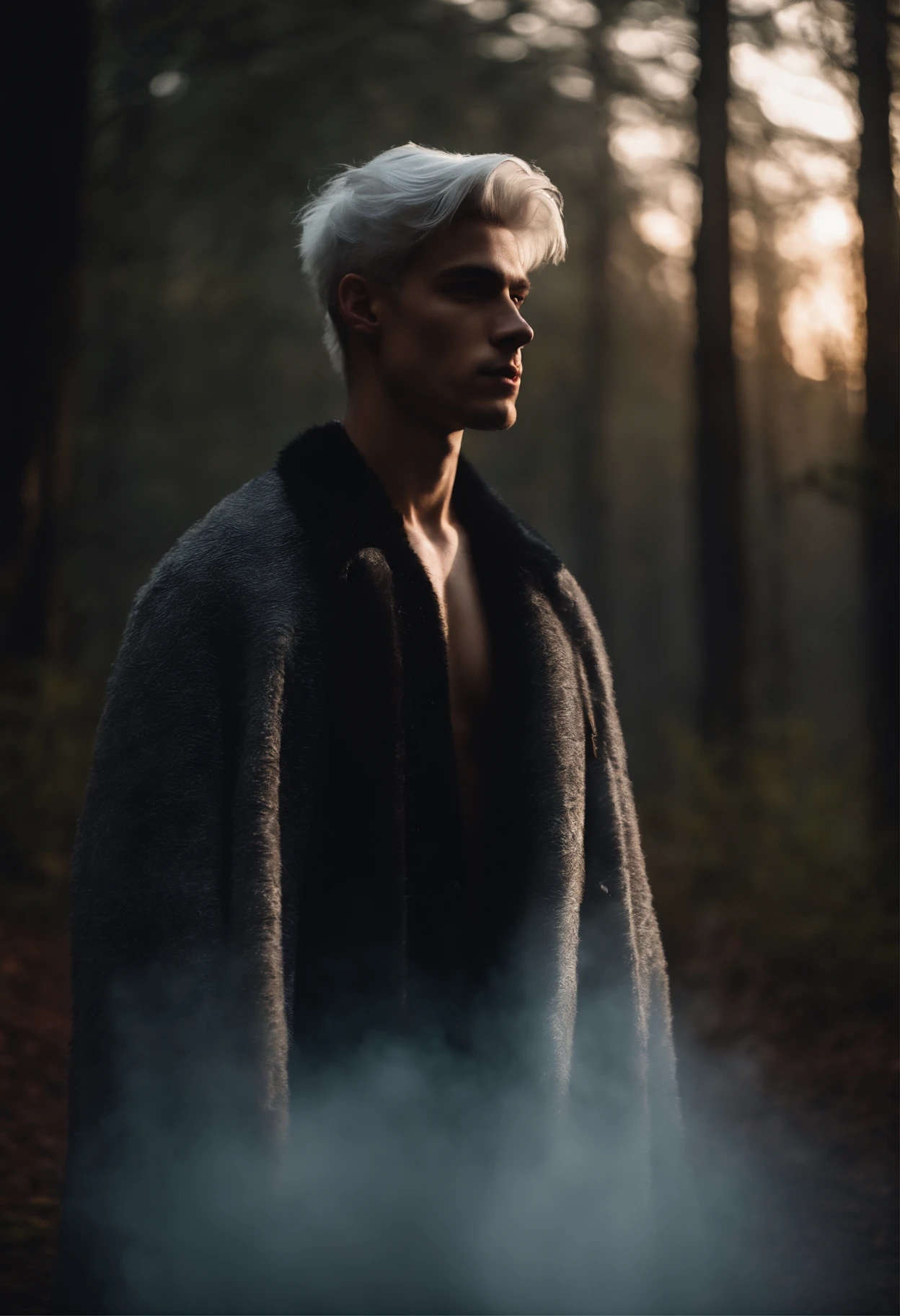 Young man, 20 years old, white hair, two block haircut , shirtless wearing a black fur coat, standing in the forest at night, portrait, magical light, surrounded by fog
