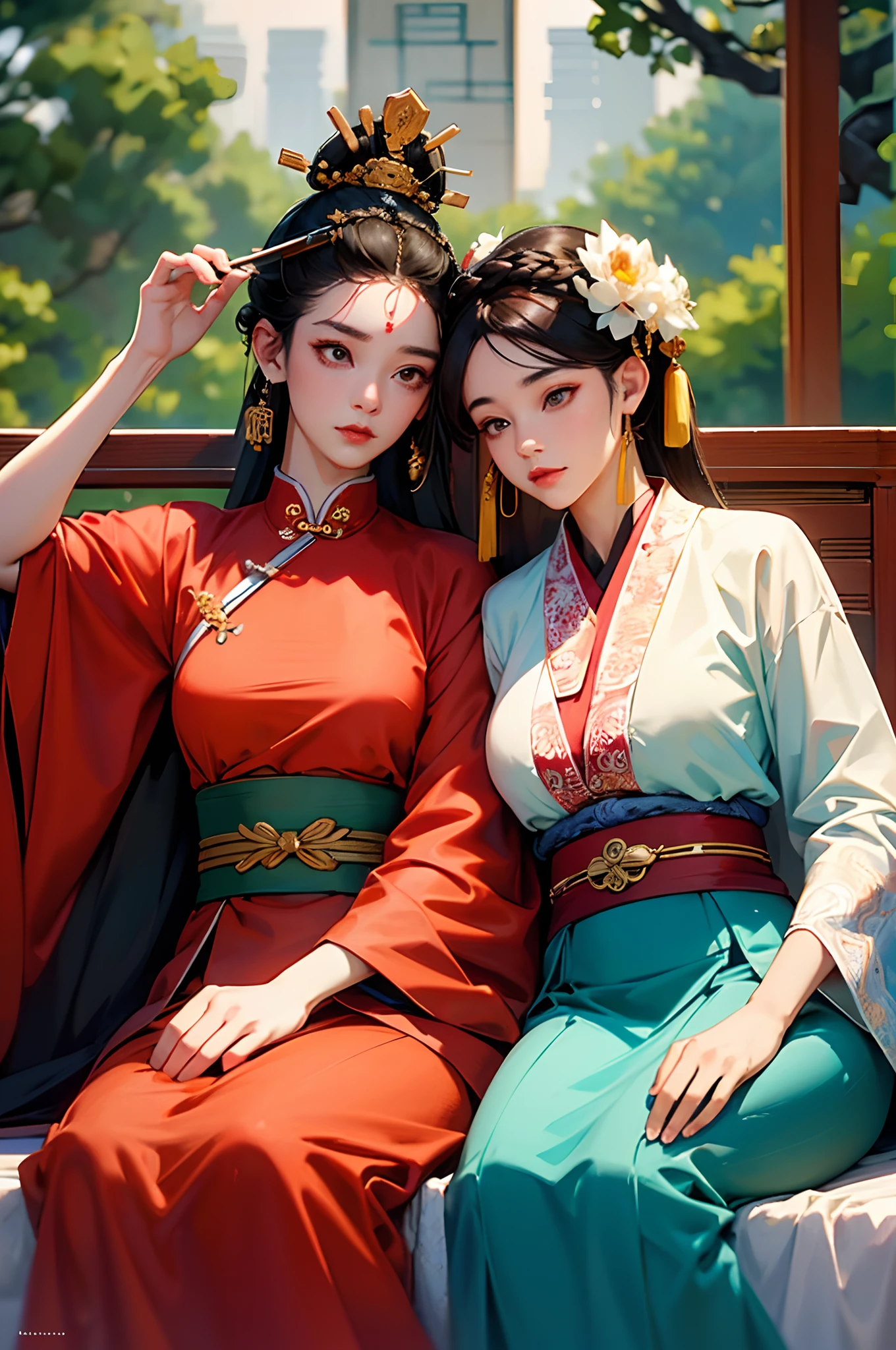 a couple of lesbians sitting together,leering:1.4,Taoist,single hair bun,(An ancient Chinese hairstick on her head:1.5),Use mahogany hairpins,(Revealing a translucent cheongsam),(Urzang-6500-V1.3,PureFace_V1,Octane rendering),Elegant Pose,xxmix girl woman,Perfect composition golden ratio, Masterpiece, Best quality, 4K, Sharp focus. better hands, Perfect anatomy.