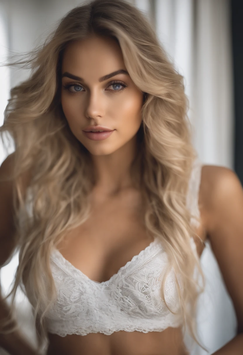woman with matching tank top and panties, fille sexy aux yeux bleus, Portrait Sophie Mudd, Portrait de Corinna Kopf, cheveux blonds et grands yeux, selfie of a young woman, ohne Maquillage, maquillage naturel, Look directly into the camera, Visage avec Artgram, dezentes Maquillage, Superbe photo du corps entier, dans la chambre, Gros seins, Blonde, latina, curvy butt