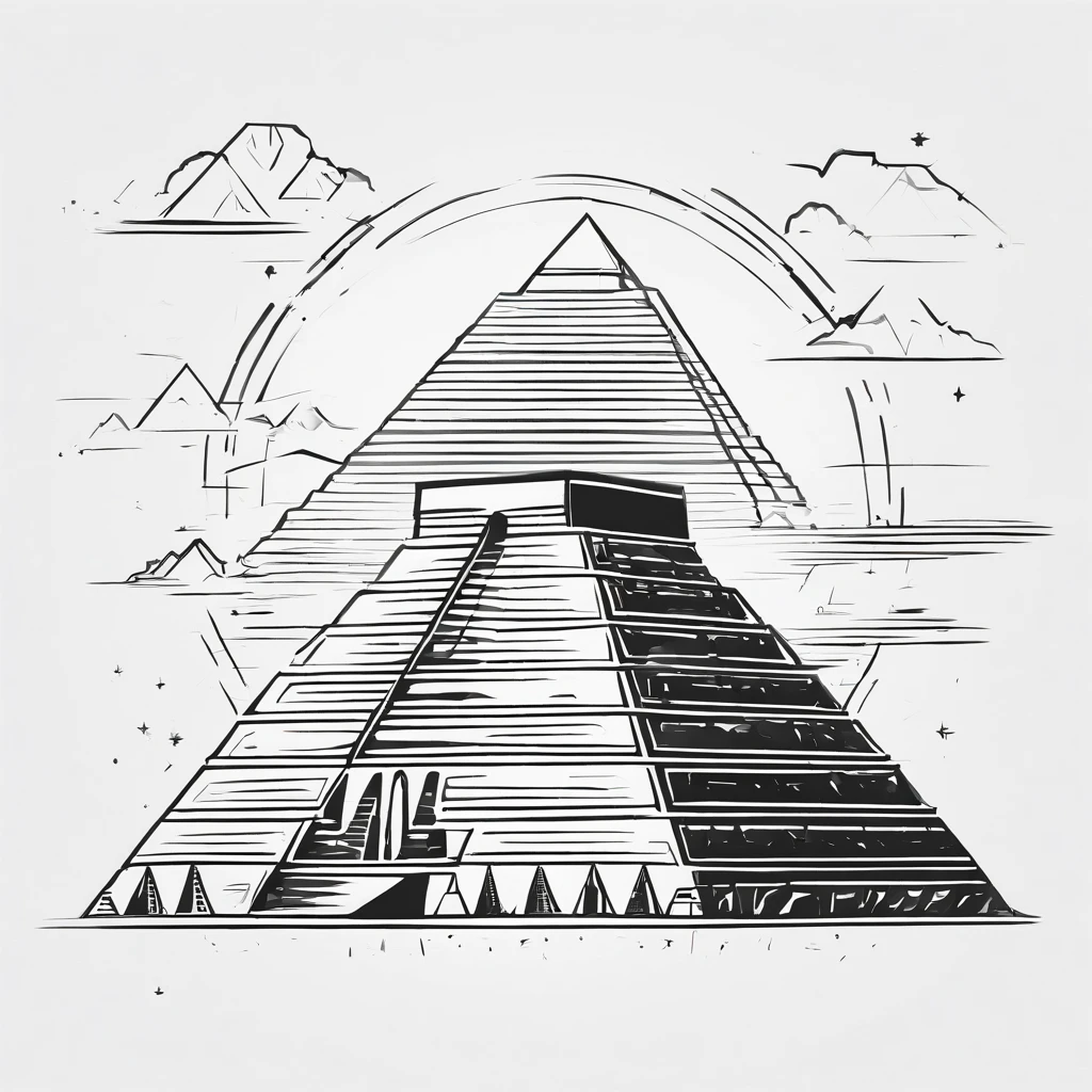An Egyptian pyramid with another pyramid flying from the top