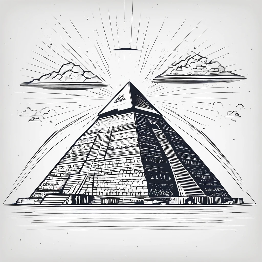 An Egyptian pyramid with another pyramid flying from the top