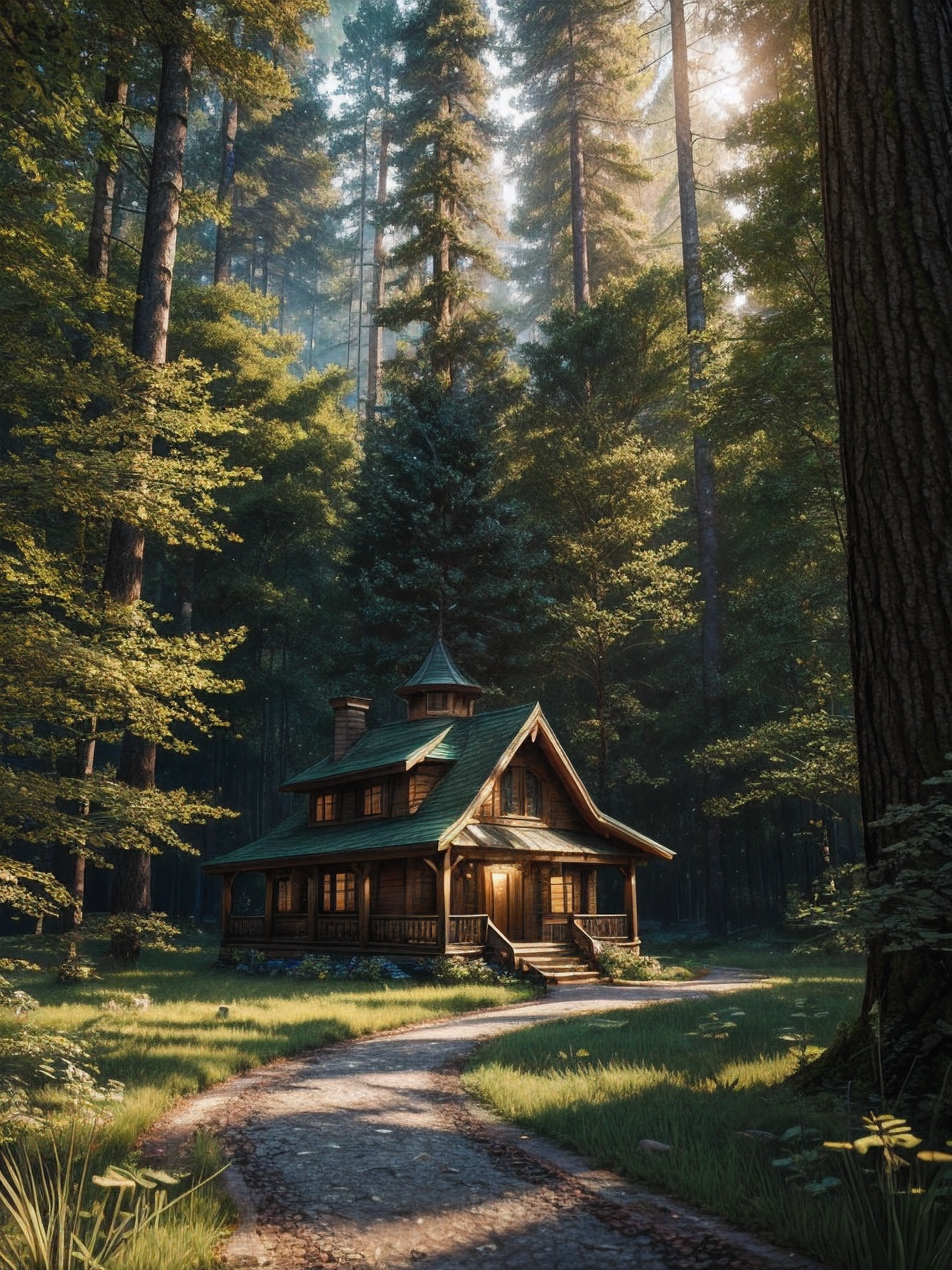 an illustration of the enchanted forest, with tall green trees, small colorful house in a fantasy mushroom in the center, magic, centered, symmetry, painted, intricate, volumetric lighting, beautiful, rich deep colors masterpiece, sharp focus, ultra detailed, astrophotography. The composition is very detailed, 8K, perfect composition., ultra hd, realistic, vivid colors, highly detailed, UHD drawing, pen and ink, perfect composition, beautiful detailed intricate insanely detailed octane render trending on artstation, 8k artistic photography, photorealistic concept art, soft natural volumetric cinematic perfect light