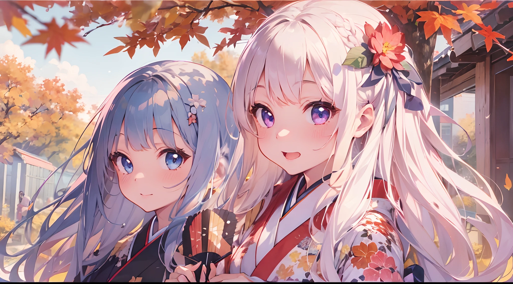 3 girls go to the fuji kawaguchiko autumn festival, wearing kimonos, best quality ,highly detailed, masterpiece, ultra-detailed, one is looking at the falling autumn leaves, the other two are talking, laughing with each other, one a person with iridescent blue eyes, long white hair, holding a traditional Japanese umbrella, a person with blue-violet eyes, long light pink hair tied with a flower-shaped hairpin, a person with harmonious red eyes, shiny black hair, holding a small hand fan. autumn leaves scene, 4k ultra.
