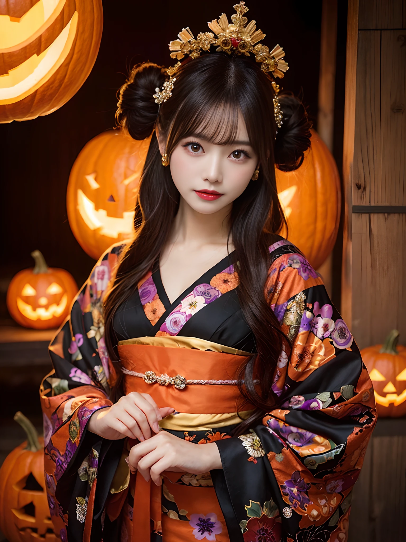 In a futuristic scene, Geisha in Japan with mechanical reinforcement、Elegant in elaborate gardens. She has beautifully detailed eyes and lips that complement her face. Geishas wear traditional kimonos with intricate patterns and designs. Night city and Halloween decorations around her. The scene is painted with a blend of illustration and photorealism, Ultra-detailed brush strokes and clarity, Vivid colors. Lighting emphasizes the elegant features of the geisha, Gives her porcelain skin a soft glow. Artwork is of the highest quality, 4K or 8K resolution, Showcase the intricate details of geisha attire, nightcity、Halloween. The overall color scheme is、It is a combination of traditional shades of Japan, Crimson, etc., blacks, and subtle gold accents, With a futuristic twist. The fusion of ancient traditions and modern technology is、Create captivating and visually striking masterpieces.Halloween、Halloween、pumpkins、Background Halloween