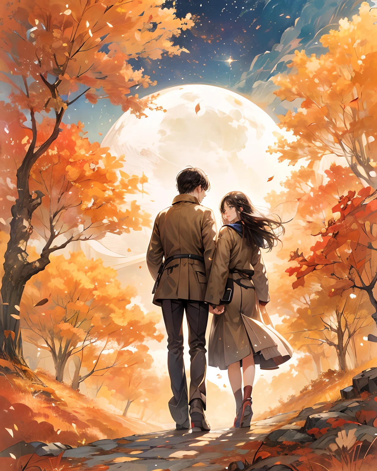 a anime couple wearing classic autumn fashion,  standing,  looking each other,  looking at viewer,  illustration style,  close up,  Tsutomu Nihei style,  Manga nib pen style,  beautiful landscapes scenery,  highly detailed,  light,  sparkle,  glistening atmosphere atmosphere — quality,  beautiful detail autumn background --