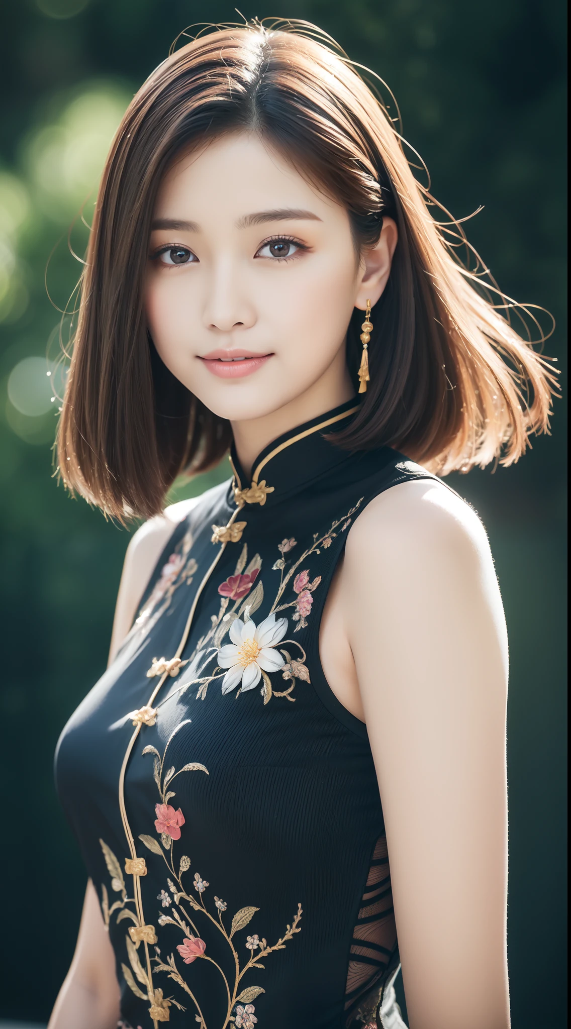 there is an ancient palace next to the girl,An extremely delicate and beautiful girl,realisticlying,unbelievable Ridiculous,abstract artistic,From hips to shoulders,Catch,Extremely detailed body,woman,年轻,20yr old,Short black Hong Kong style hair,,Floating hair,Light brown hair,two tone color hair,Beautiful fine hair,exquisite and beautiful face,light smile,Clear eyes,parted_Lips, Black colored eyes,Neck_ribbon,frilld_dress,Noble cheongsam,beautiful and clear background,beautiful sky,full bloom,very precise detail,absurderes,extremely CG,