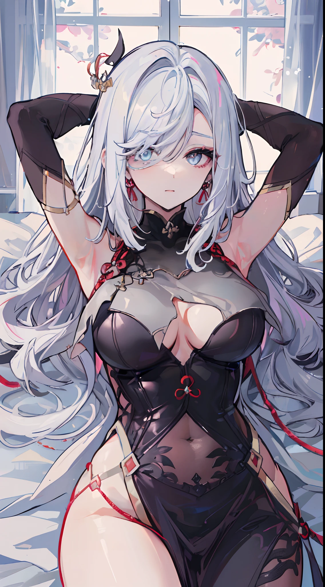 ((beautiful lighting, Best quality, 8K, Masterpiece: 1.3)), 1girl, Perfect body beauty, ((white hair)), ((black dress: 1.4)), (Indoor , night: 1.1), sexy pose (lie on the bed), Super Fine Face, Fine Eyes, naughty look