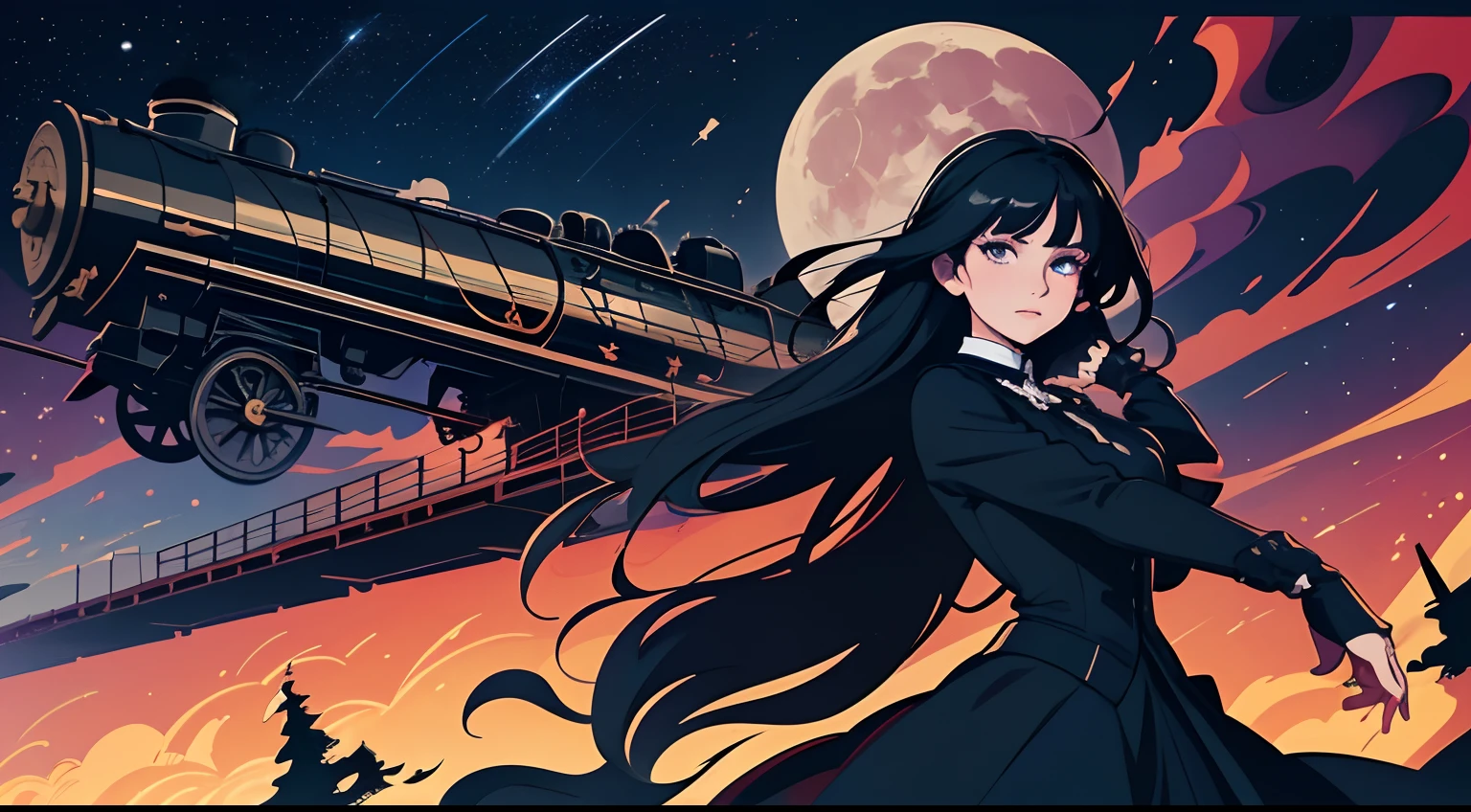 beautiful and asethetic, masterpiece, movie poster, best quality, drawing of a of a long black haired woman with a high collared black long sleeved victorian dress dramatic pose in front of a steam train, huge moon, celestial, stars, bright colors, abstract, by james jean style, fantastical elements