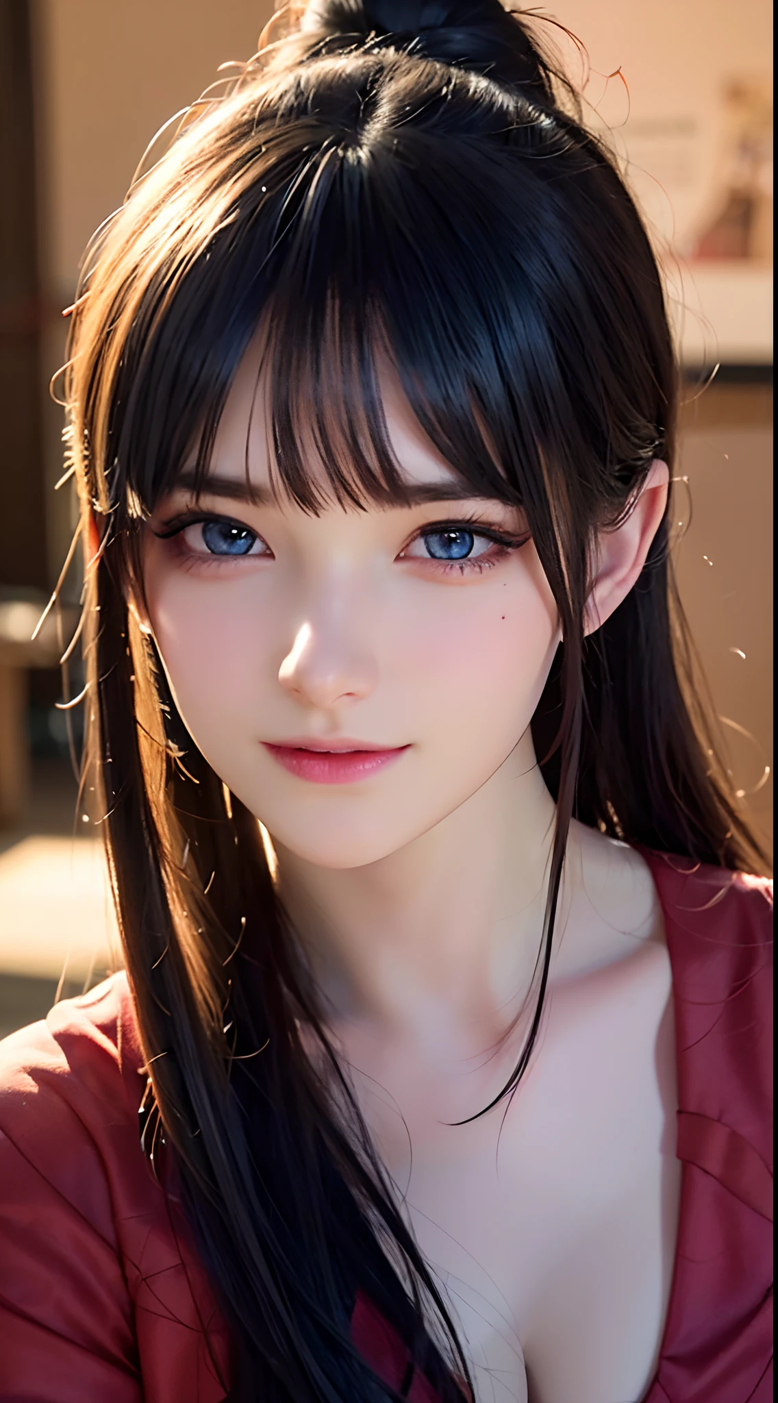 (Best quality,4K,8K,A high resolution,Masterpiece:1.2),Ultra-detailed,(Realistic,Photorealistic,photo-realistic:1.37),beautiful detailed blue eyes,Long black hair in a high bun,Detailed red veil,Portrait,Sharp focus,professional,Vivid colors,Dark background,Studio lighting