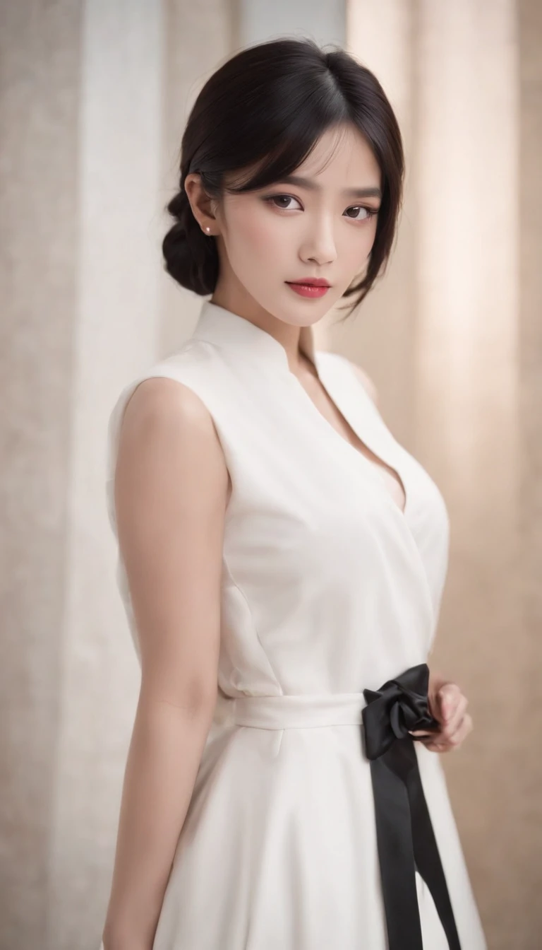 Arafed image of a woman with a black tie and a white shirt, inspired by Ma Yuanyu, Xintong Chen, with short hair, yanjun chengt, xision wu, iu lee ji-eun as a super villain, sha xi, She has black hair with bangs, cai xukun, inspired by Yanjun Cheng, Sui Ishida with black hair