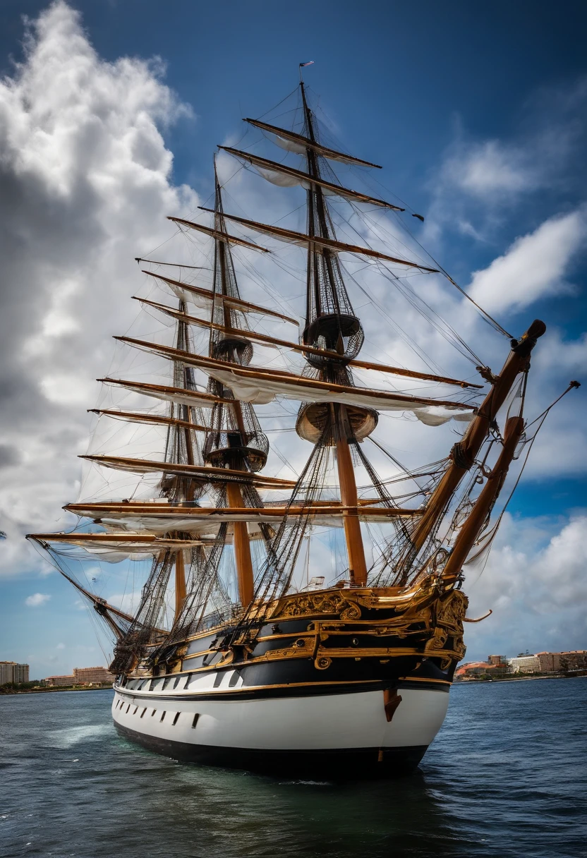 The sailing ship "HMS VICTORY" in the Caribbean at 3 p.m., the city of "Cancun" in Mexico