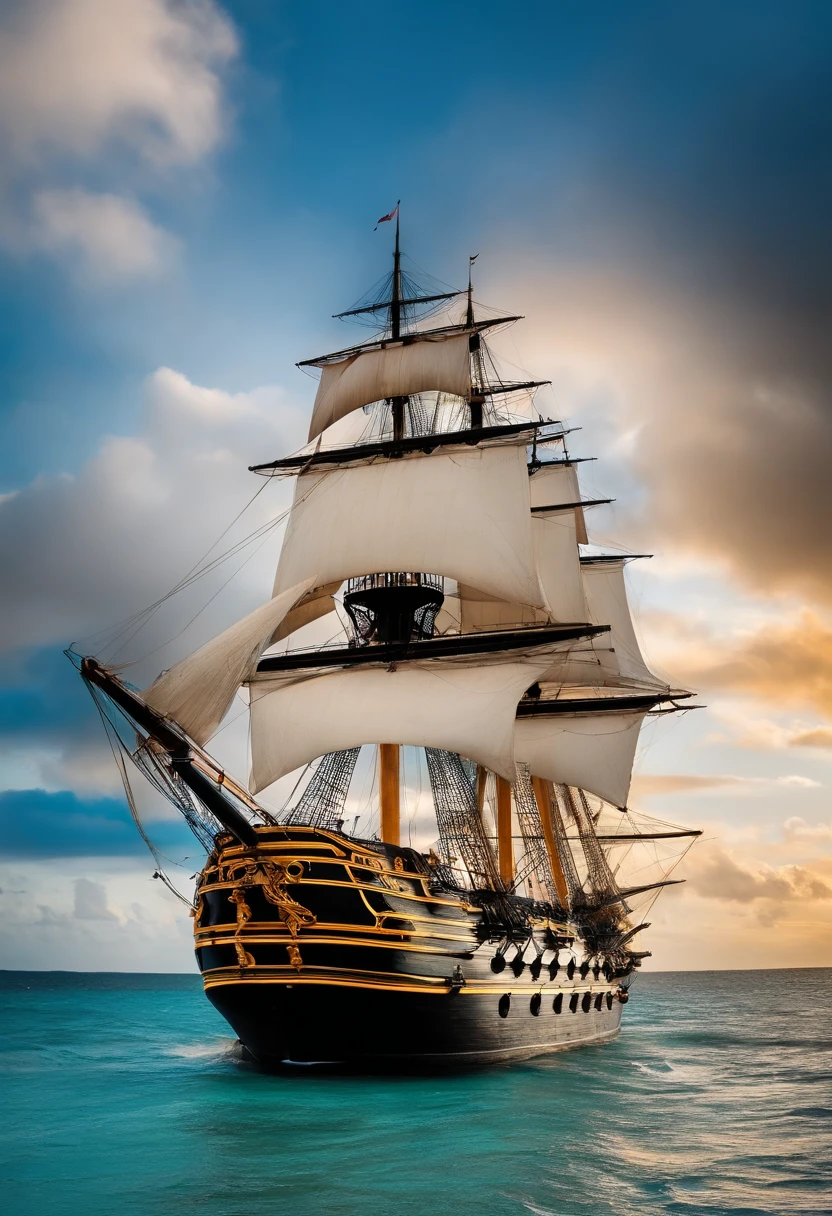 The sailing ship "HMS VICTORY" in the Caribbean at 3 p.m., the city of "Cancun" in Mexico