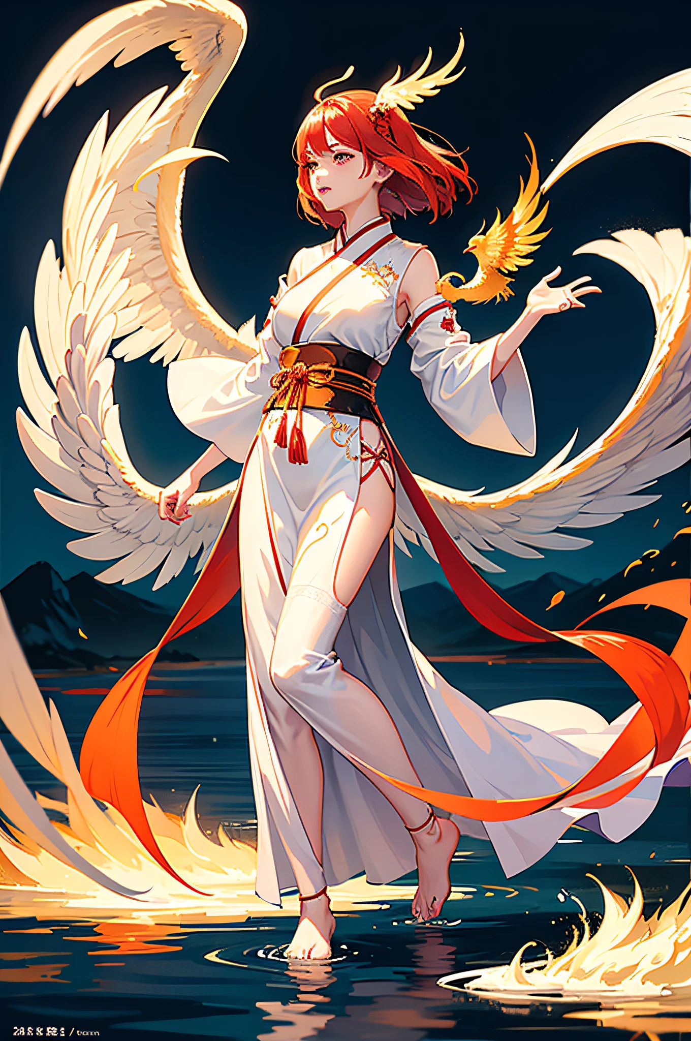 A beautiful Chinese girl standing on the water, misty reflection, a huge phoenix divine bird in the sky, magic, fantasy, dynamic posture, composed of colorful glowing flames, delicate face, delicate eyes, long black and golden hair, wearing amber and sky blue Hanfu, delicate and intricate patterns, ink painting, golden bronzing, epic composition, soft shadows, Clean sharp focus, cinematography, center composition, poster design, film photography, Panorama, 32K --v 6