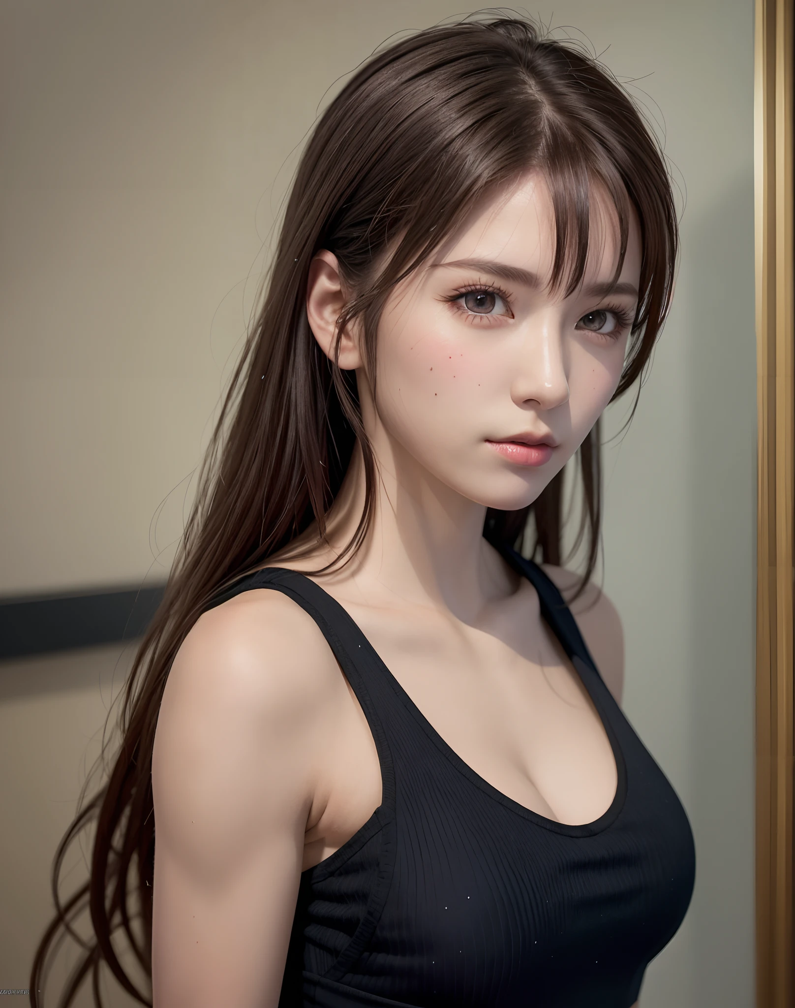 high quality picture, masutepiece, detailed hair texture, Detailed skin texture, Detailed Cloth Texture, 8K, Add fabric details, ultra detailed skin texture, ultra detailed photographic, Skin pores, Portrait of a girl, wearing tank top,