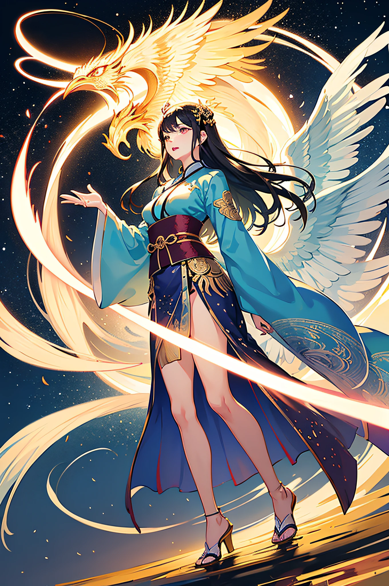 A beautiful Chinese girl standing on the water, misty reflection, a huge phoenix divine bird in the sky, magic, fantasy, dynamic posture, composed of colorful glowing flames, delicate face, delicate eyes, long black and golden hair, wearing amber and sky blue Hanfu, delicate and intricate patterns, ink painting, golden bronzing, epic composition, soft shadows, Clean sharp focus, cinematography, center composition, poster design, film photography, Panorama, 32K --v 6