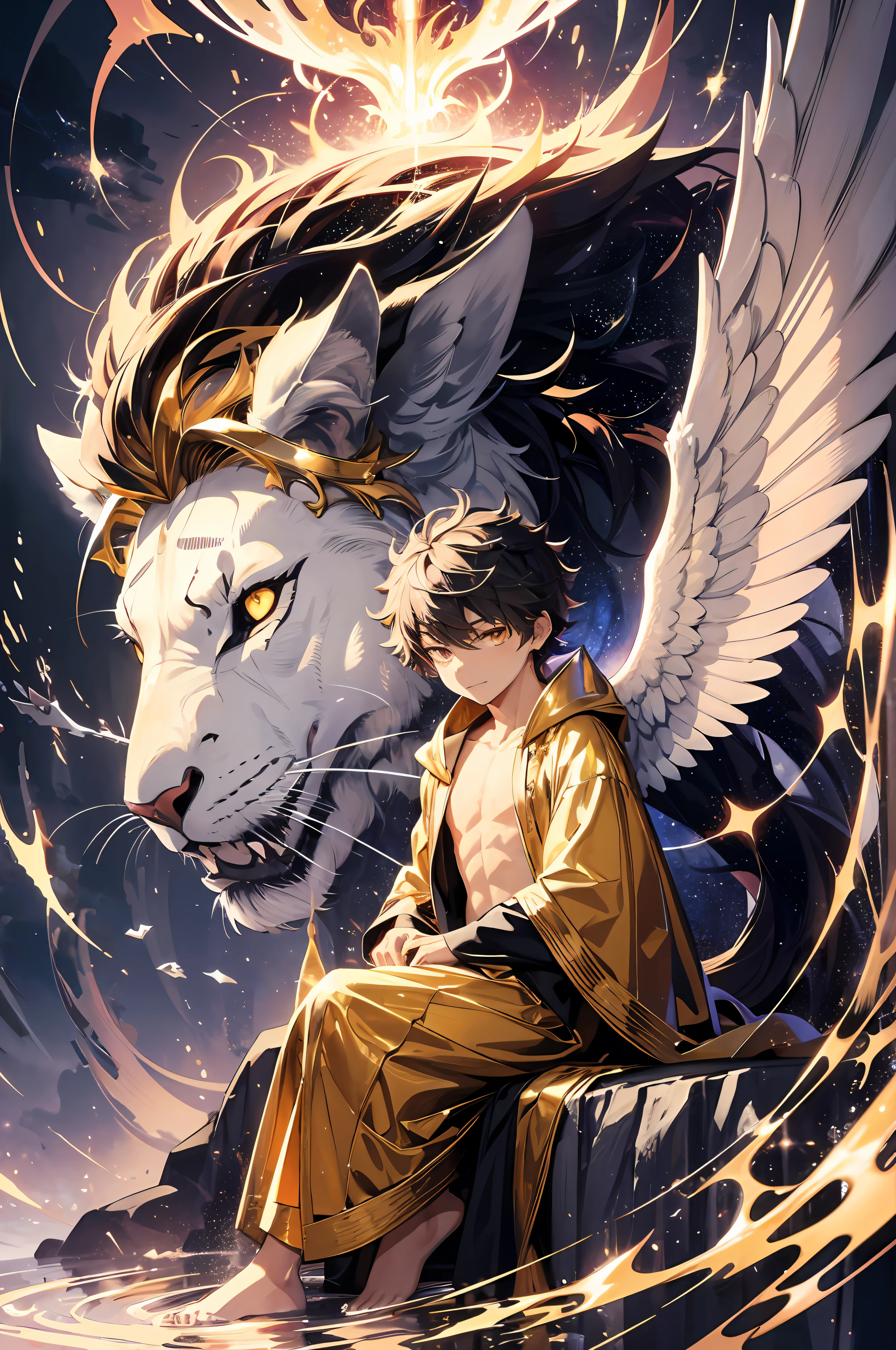 (absurdres, highres, ultra detailed, HDR), masterpiece, best quality, a little boy sitting on golden lion back, in arrogant look, solo, little boy, golden lion, giant lion, handsome, golden eye, glowing eye, white robe, angel wing, archangel, earring and accessory, bare chest, arrogant face, full body, magic vortex, spark, swirl, black aura, a dramatic sky, heaven, abstract background, from side, look up, evil smile