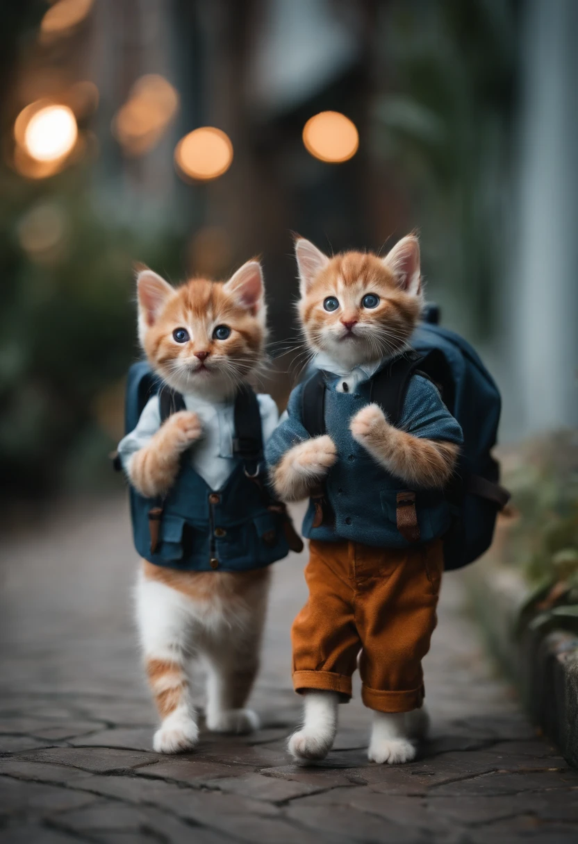 I have two  kittens, a cute little cat, cute kittens, Cutest, Incredibly cute, Adorable and cute, And cute and lovely. They are walking down the street with backpacks, Walking together, commute, Proudly walk down the street, And the cat is walking. They are cute in the style of 🍂 and 🍁, Adorable and cute, Cute and adorable, oh, nice and cute. They are known as real-life Tom and Jerry.