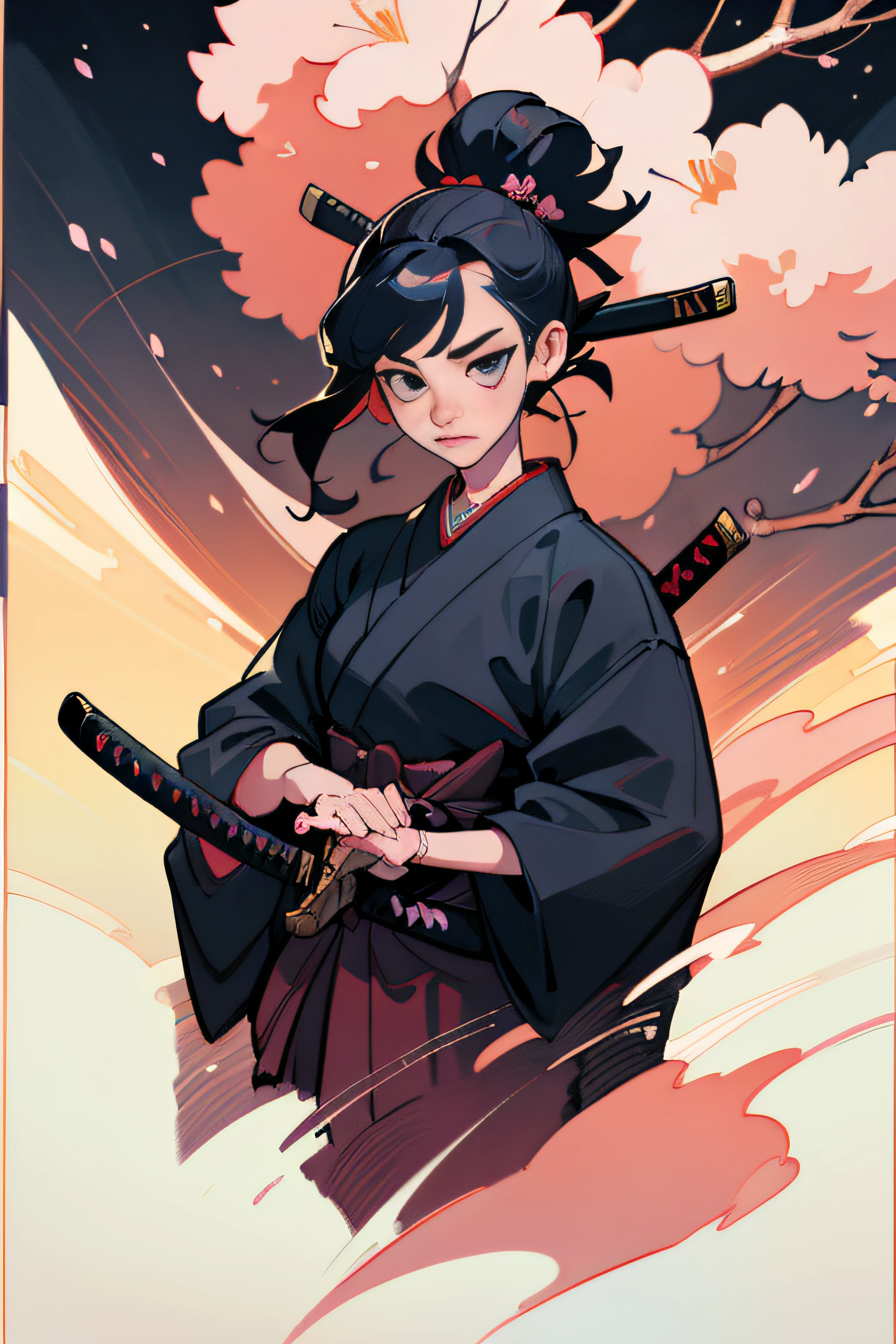 (Masterpiece, Best Quality), 8k Wallpaper, highly detailed, sexy female ronin, samurai, cherry blossom flowers border, japanese tattoos, katana, japan, night, moonlight, vector style art, erotic, movie poster style, lettering.