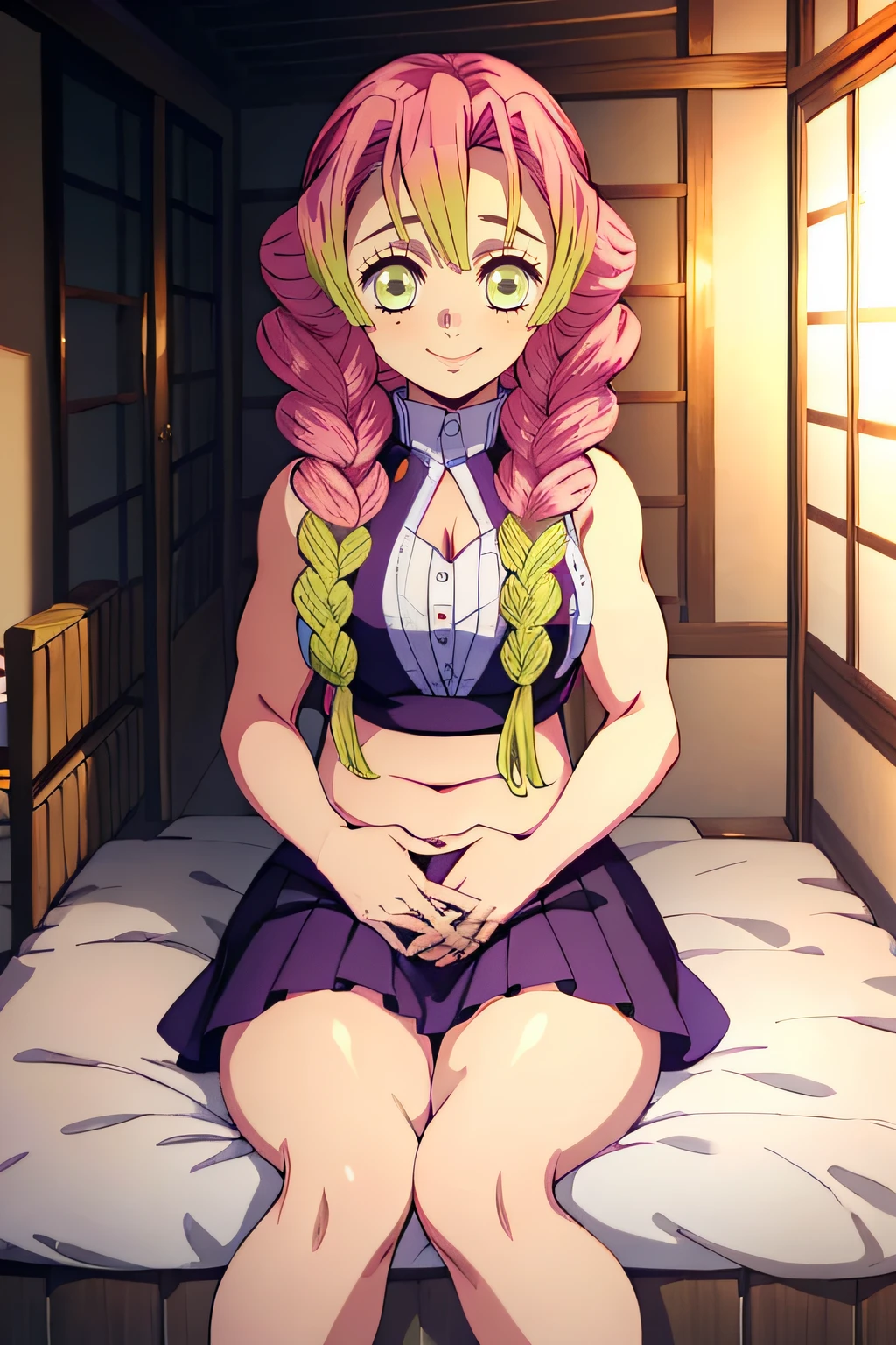 Masterpiece、Highest quality、1girl、1boy、【nsfw】、Super detailed、Kanrojimitsuri、View from directly above　Pink Hair、Green Hair、Gradient Hair、Big braids、Disheveled Hair　Green Eyes、Green Eyes、pupil、highlight、Detailed drawing of the eyes、Eyelashes　Squint your eyes and smile、Smiling、blush　White haori　Large Breasts、Beautifully shaped breasts、Small nipples、Pink nipples、Beautiful belly、Soft thighs、Adult women　vagina、Pussy、clitoris、semen、Female organ、sexual organic matter　SEX、play sex、Sex、Insert、vaginaにInsert、sexual organic matterをInsert、Spray sperm、Intense sex、激しくInsert　White sheets background、pillow、Dark Room、lanthanum