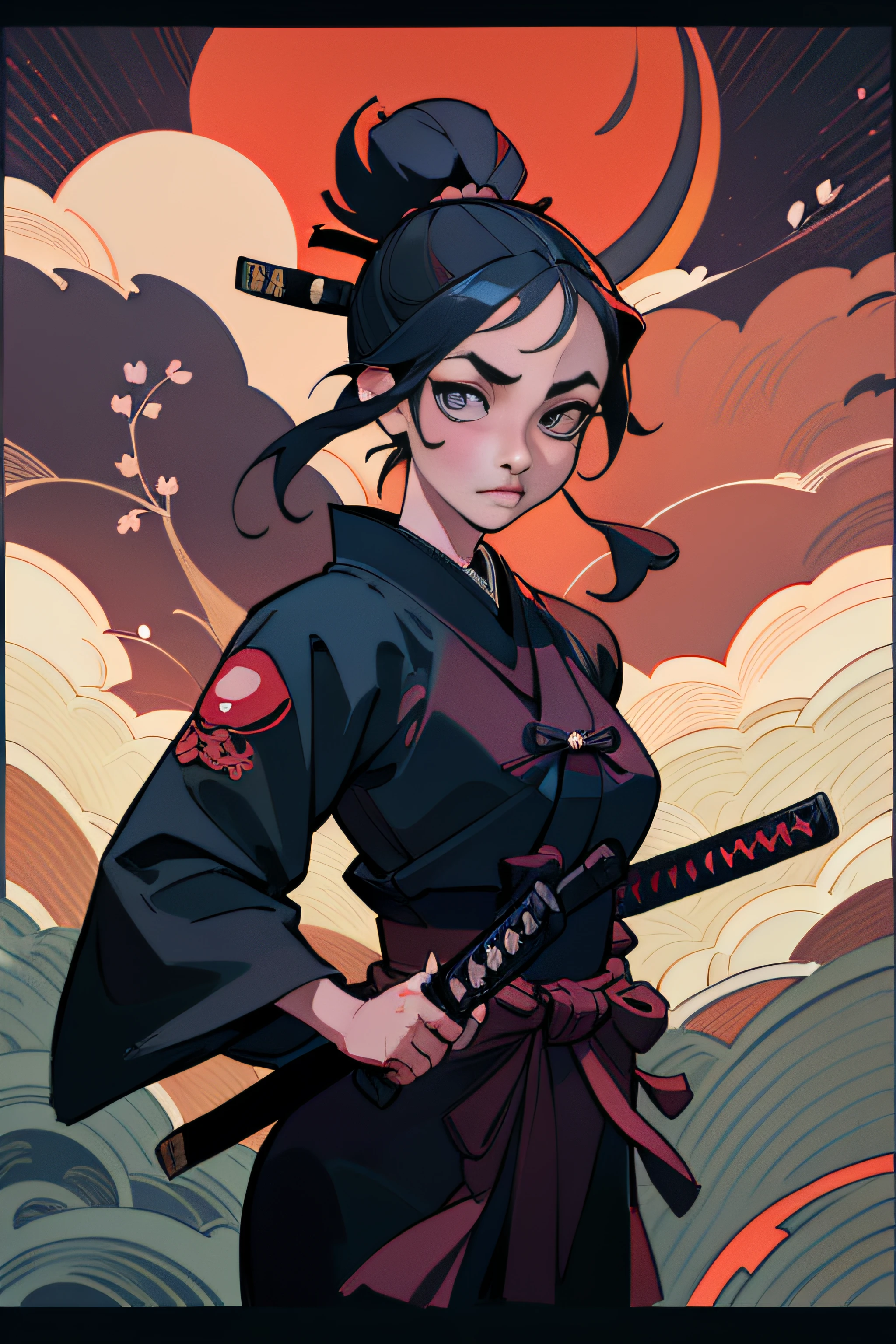 (Masterpiece, Best Quality), 8k Wallpaper, highly detailed, sexy female ronin, samurai, cherry blossom flowers border, japanese tattoos, katana, japan, night, moonlight, vector style art, erotic, movie poster style, lettering.