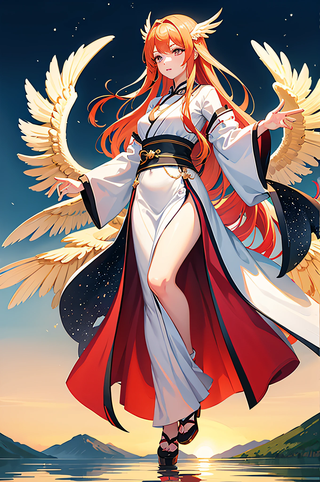 A beautiful Chinese girl standing on the water, misty reflection, a huge phoenix divine bird in the sky, magic, fantasy, dynamic posture, composed of colorful glowing flames, delicate face, delicate eyes, long black and golden hair, wearing amber and sky blue Hanfu, delicate and intricate patterns, ink painting, golden bronzing, epic composition, soft shadows, Clean sharp focus, cinematography, center composition, poster design, film photography, Panorama, 32K --v 6
