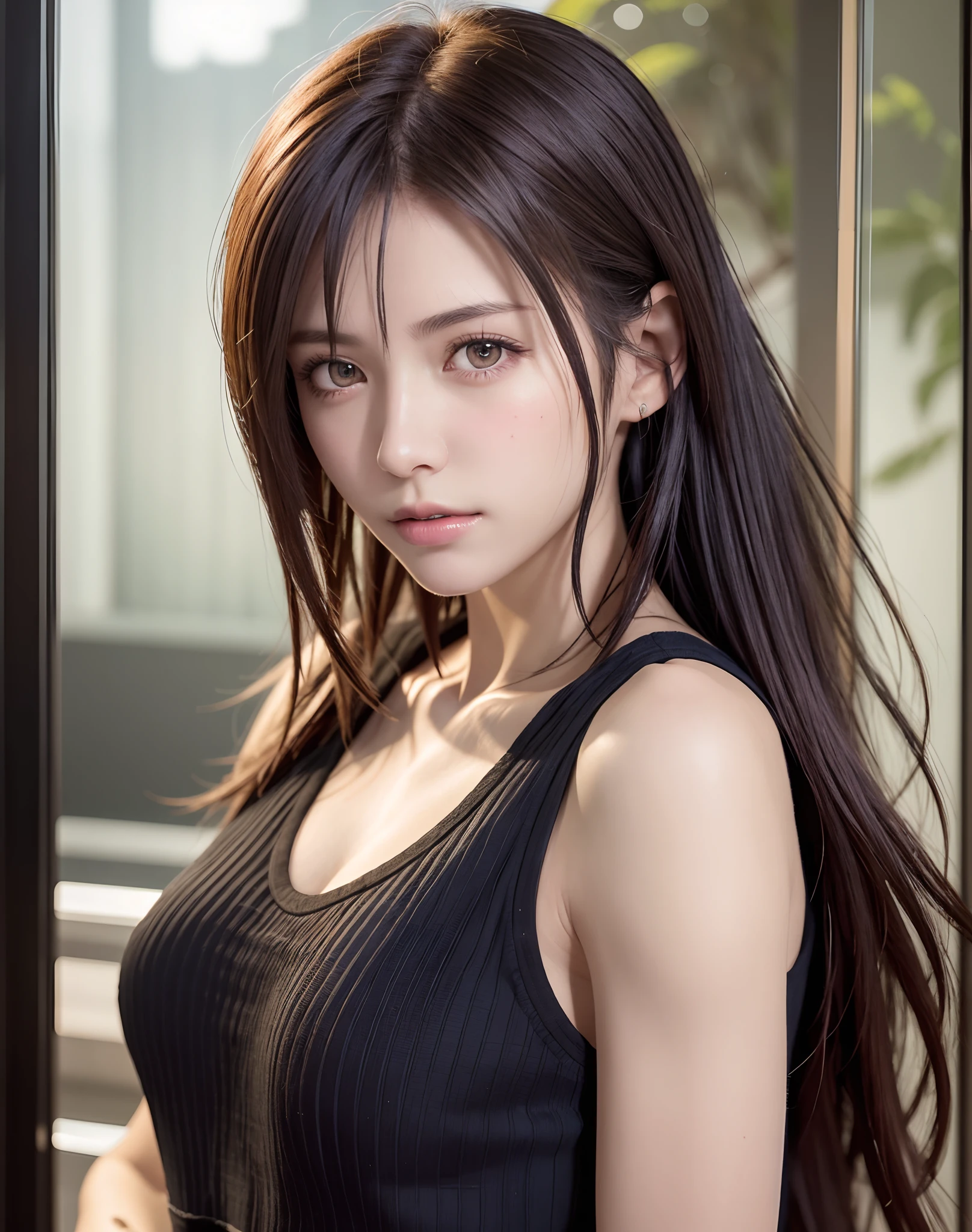 high quality picture, masutepiece, detailed hair texture, Detailed skin texture, Detailed Cloth Texture, 8K, Add fabric details, ultra detailed skin texture, ultra detailed photographic, Skin pores, Portrait of a girl, wearing tank top,