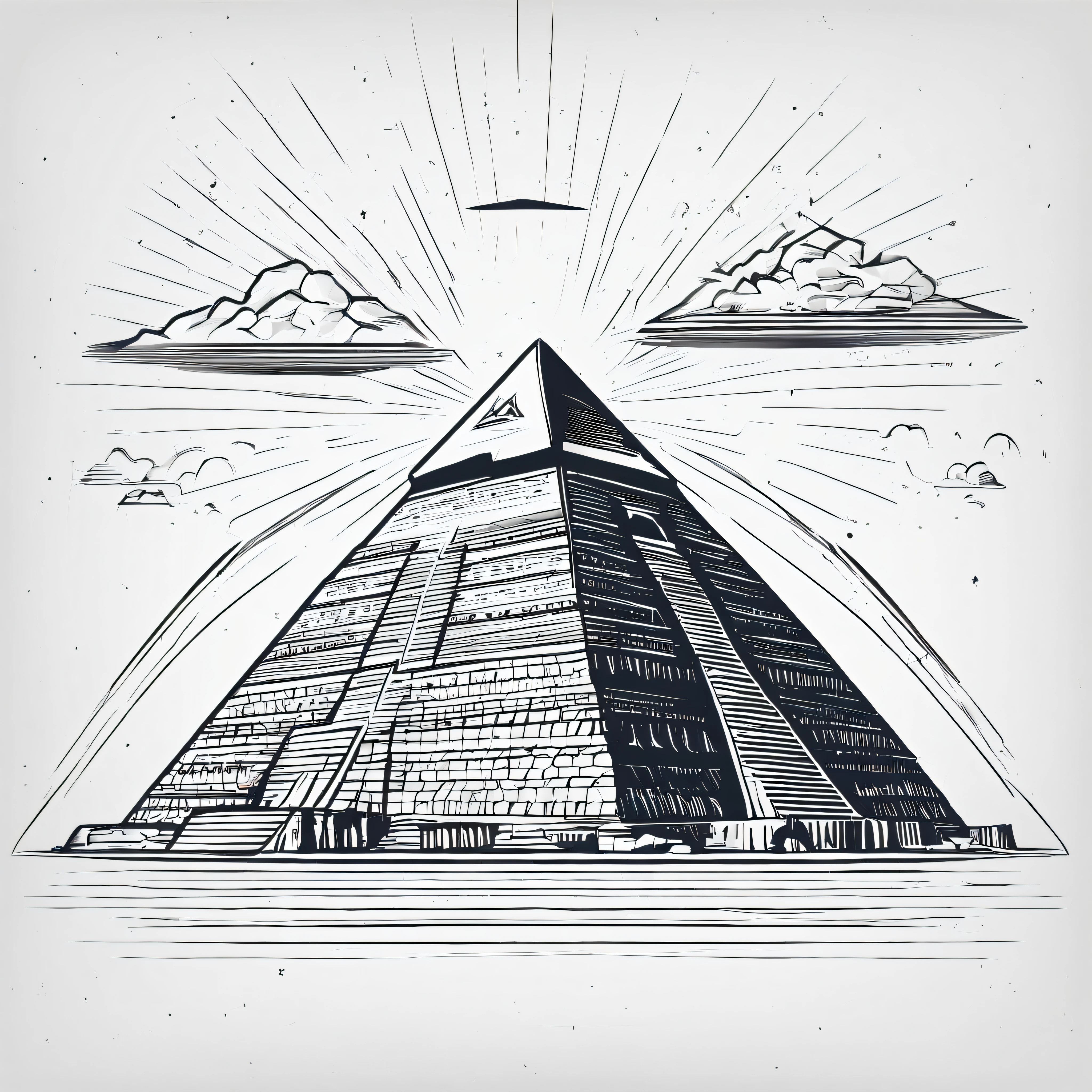 An Egyptian pyramid with another pyramid flying from the top