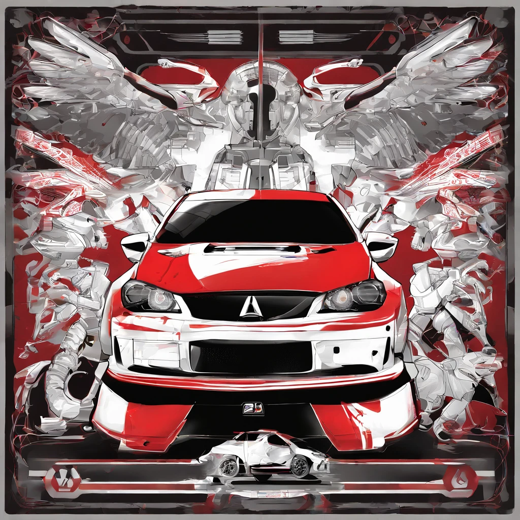 Design for t-shirts, flat design, design for artwork, red Lancer Evo 9 car, front view, professional shooting, detailed car, high graphics, highest level of detail, tricolor, white background, simple background, realistic cars, real graphics, Design for Adobe illustrator