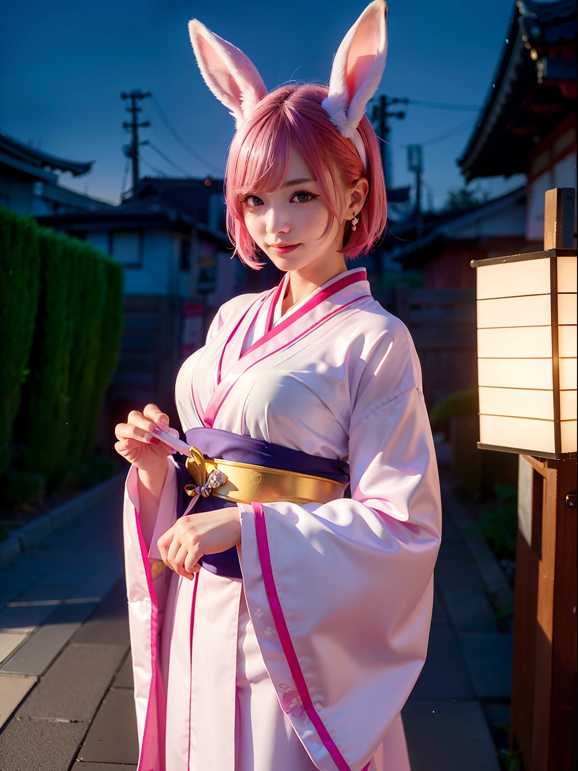 traditional Japanese costume、Cotton fabric kimono、Open-air bath at night、Night、Night town、Neon glowing town、Showa townscape、Under the streetlight、Red dress、Pink hair、nighttime scene、cleavage of the breast、(8K, top-quality, masterpiece:1.2), (realisitic, Photorealsitic:1.37), ultra-detailliert, 1 girl in, Whole body esbifa layer、cute little、独奏、Beautiful detailed night sky、(A smile:1.15)、(Mouth closed)、tiny chest、Eyes in Beautiful Details、(short-hair:1.2)、Floating Hair NovaFrogStyle、masuter piece、Pink Shortcut Bob、Realistic rabbit ears、Pink realistic rabbit ears、Realistic ears of rabbits sticking out of the head、Pink hair、Beautiful girl in her 20s、Bewitching atmosphere、Beautiful shaped hands、K-POP、Pink rabbit ears、1 girl in、独奏、masterpiece、top-quality、realisitic、Hyper-detailing、(Glossy skin:1.4)、absurderes、short pink hair、Slender beauties、动态照明、hight resolution、foco nítido、depth of fields、(thick thight:1.0)、A slender :1.2,((Short-cut bob hair))、((k pop:1.3)),Highly detailed facial and skin texture、((魅惑的)),Anatomically correct number of fingers,Correct anatomy