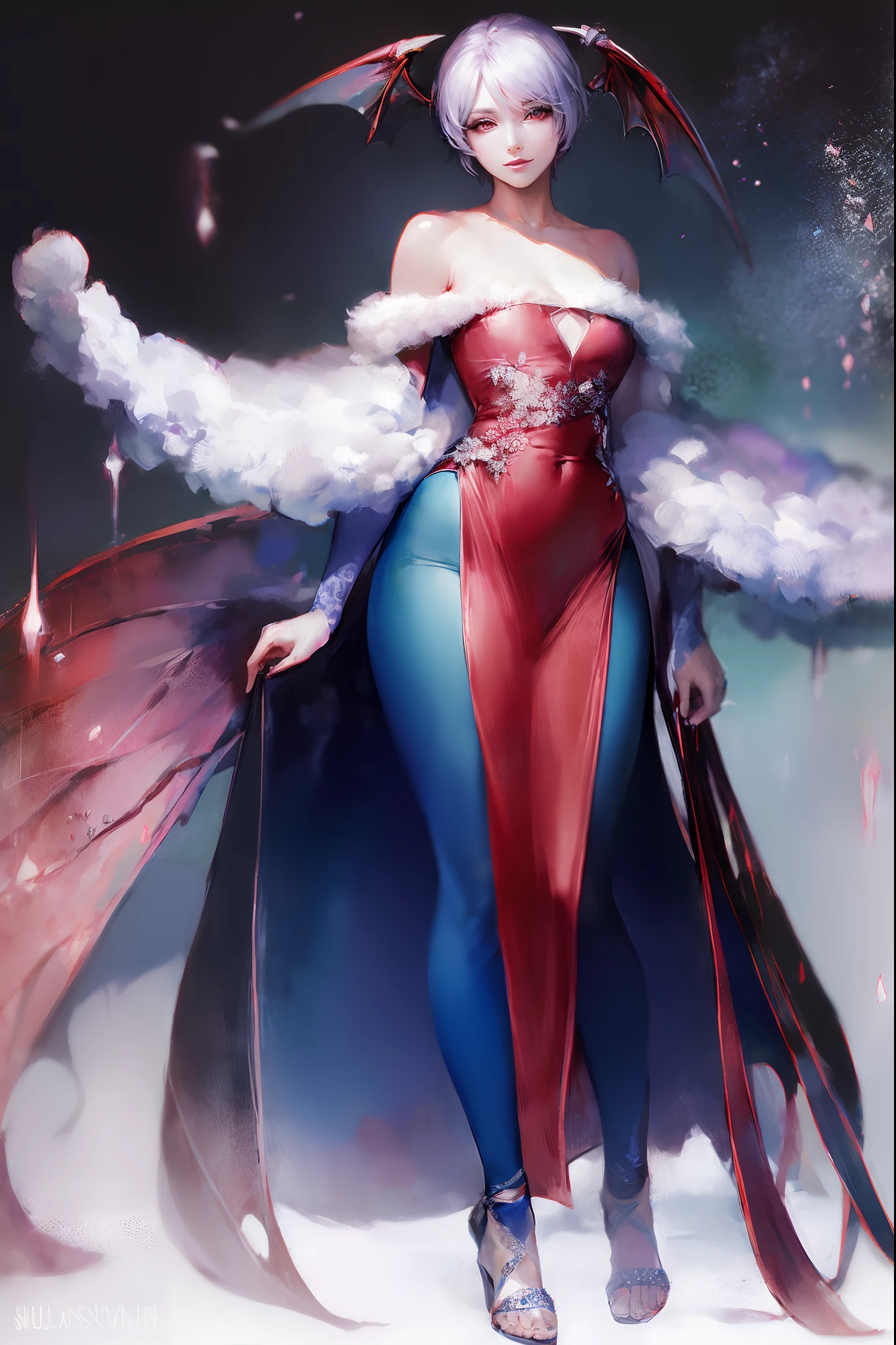 (best quality,masterpiece:1.2),intricate details,beautiful detailed eyes,beautiful detailed lips,extremely detailed eyes and face,longeyelashes,darkstalkers_lilith modeseven,super curvy,comic style,vibrant colors,standing,innocent, full body, standing, smile