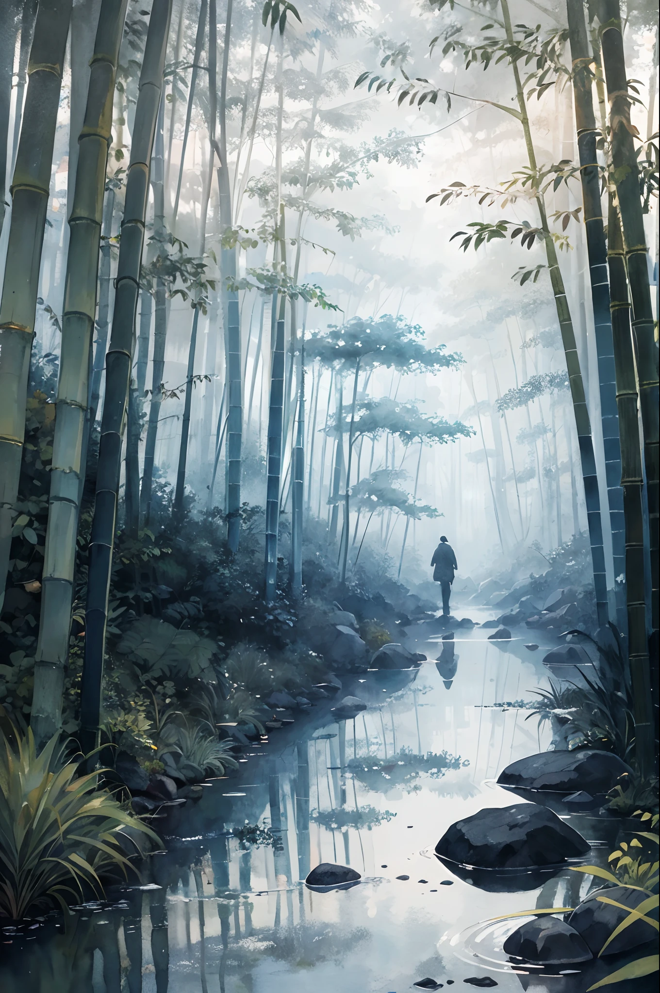 ink and watercolor painting,the night,Fog,bamboo forrest,There is a stream in front of the bamboo forest,On the stone steps of the creek stood a man in period costume,The reflection of a costumed man in the water is a costumed woman