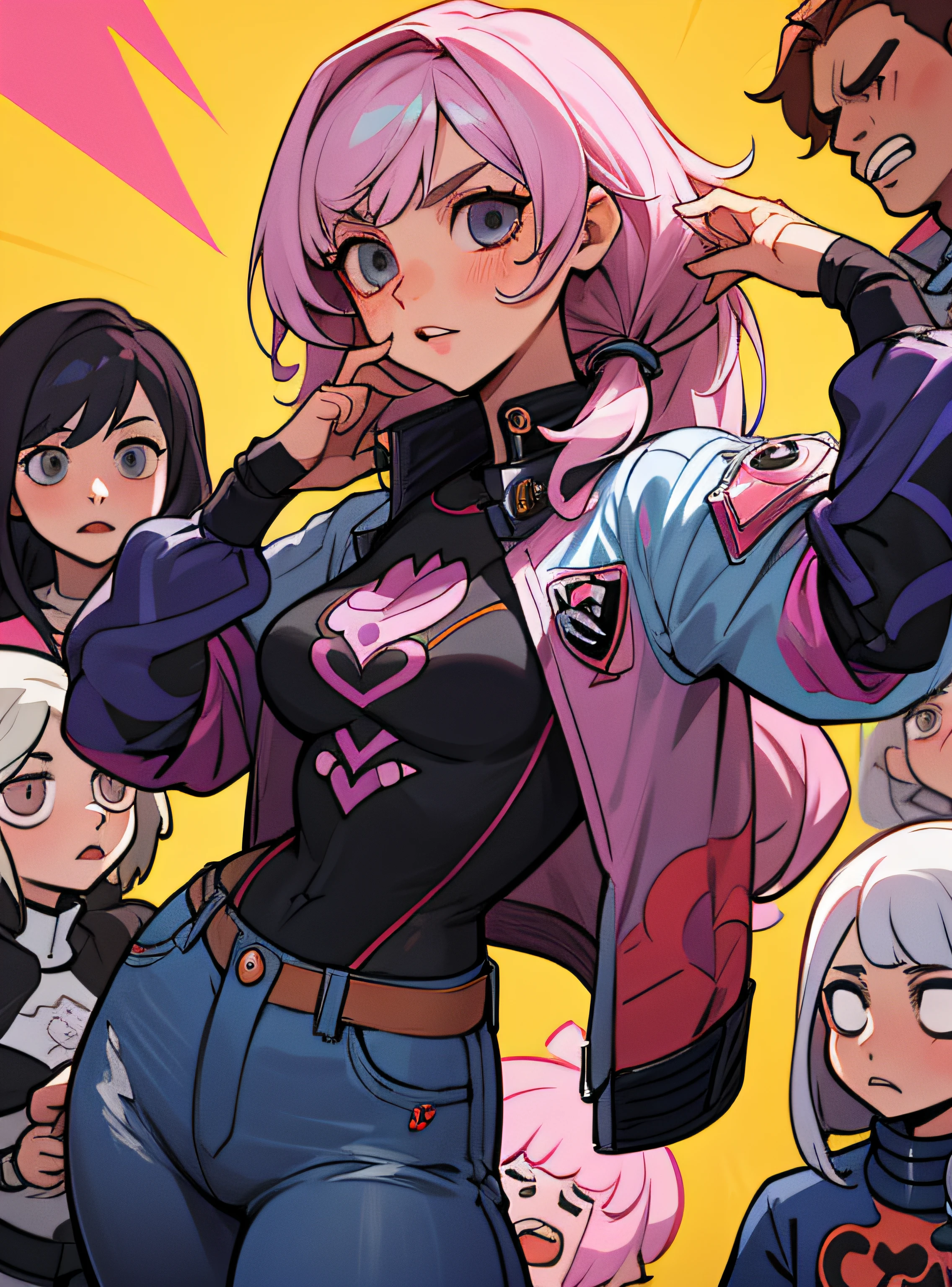 Alisa bosconovitch, olhos azuis, cabelo Rosa, cabelo curto, jaqueta jeans, camisa preta, middlebreasts, tekken