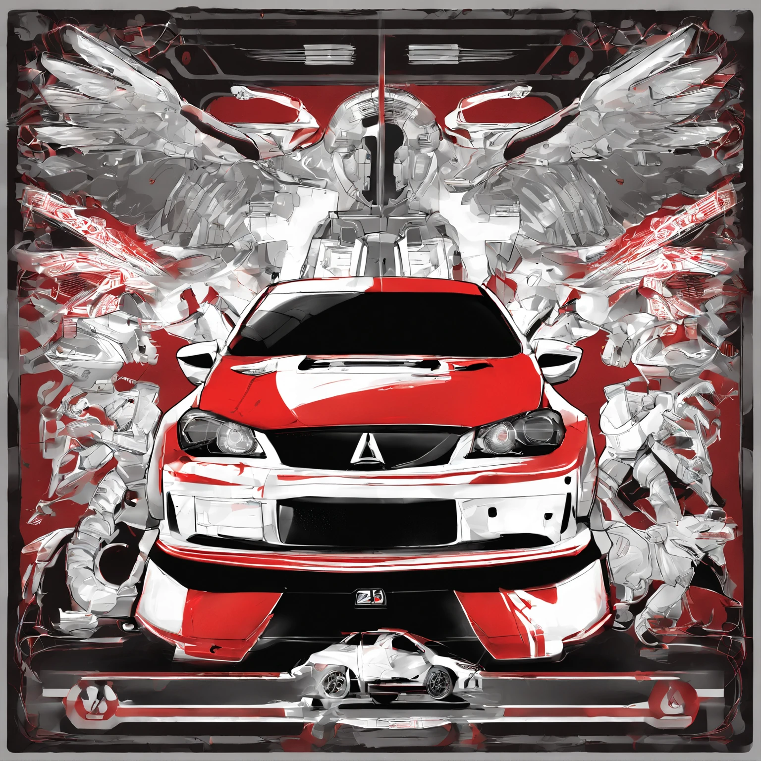 Design for t-shirts, flat design, design for artwork, red Lancer Evo 9 car, front view, professional shooting, detailed car, high graphics, highest level of detail, tricolor, white background, simple background, realistic cars, real graphics, Design for Adobe illustrator