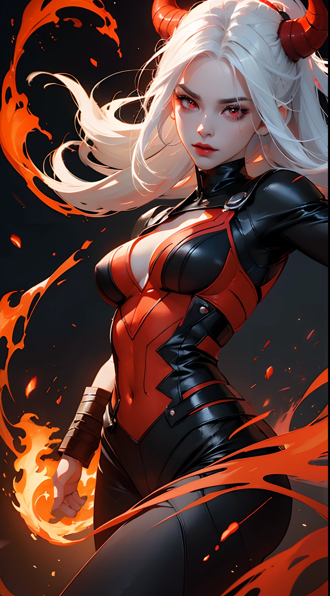 female demon, black background, red energy magic, red glowing eyes, white hair,fair skin, dynamic pose, kawaii, fit build, gorgeous perfect face, in the style of realistic and hyper detailed renderings, zbrush, hyper realistic oil, contoured shading, darkness,in the hell,fire