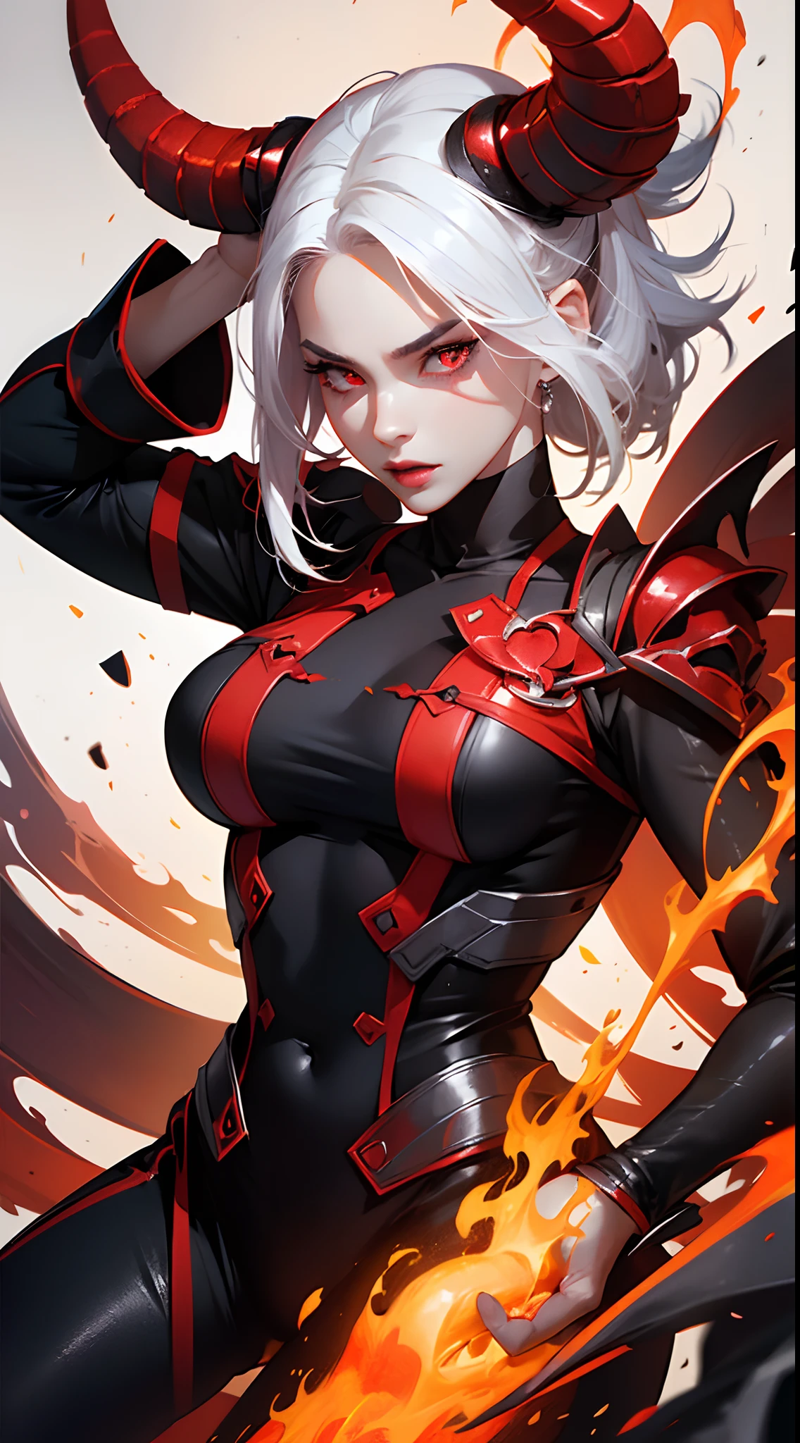 female demon, black background, red energy magic, red glowing eyes, white hair,fair skin, dynamic pose, kawaii, fit build, gorgeous perfect face, in the style of realistic and hyper detailed renderings, zbrush, hyper realistic oil, contoured shading, darkness,in the hell,fire