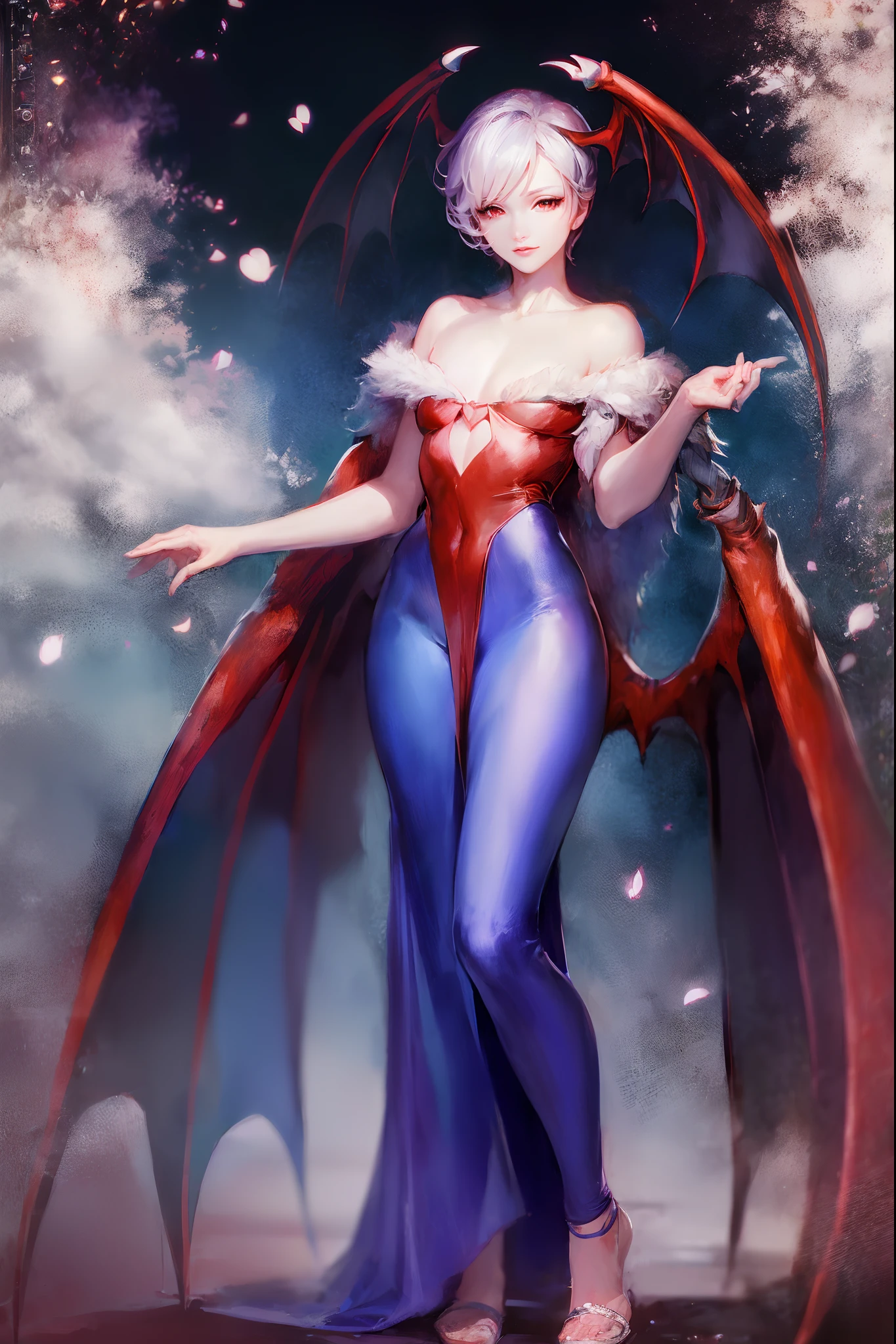 (best quality,masterpiece:1.2),intricate details,beautiful detailed eyes,beautiful detailed lips,extremely detailed eyes and face,longeyelashes,darkstalkers_lilith modeseven,super curvy,comic style,vibrant colors,standing,innocent, full body, standing, smile