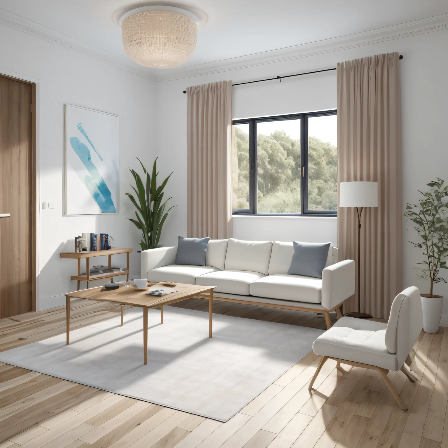 Beautiful modern living room,Cool White,(((foster and partners,artist impression,artistic impression,Hamish MacDonald,Carey Morris,David Brewster,Higher detail illustration,Helen Berman,illustratio,A detailed illustration,Nick Fudge,Warren Mahi,artist impression))),Kitchen cabinet behind white sofa,There are few pictures on the wall, Linen curtains next to classroom windows,coffee table,carpets,ceiling with magnetic emissive lighting,White fabric PRB texture,wooden floor PRB texture,