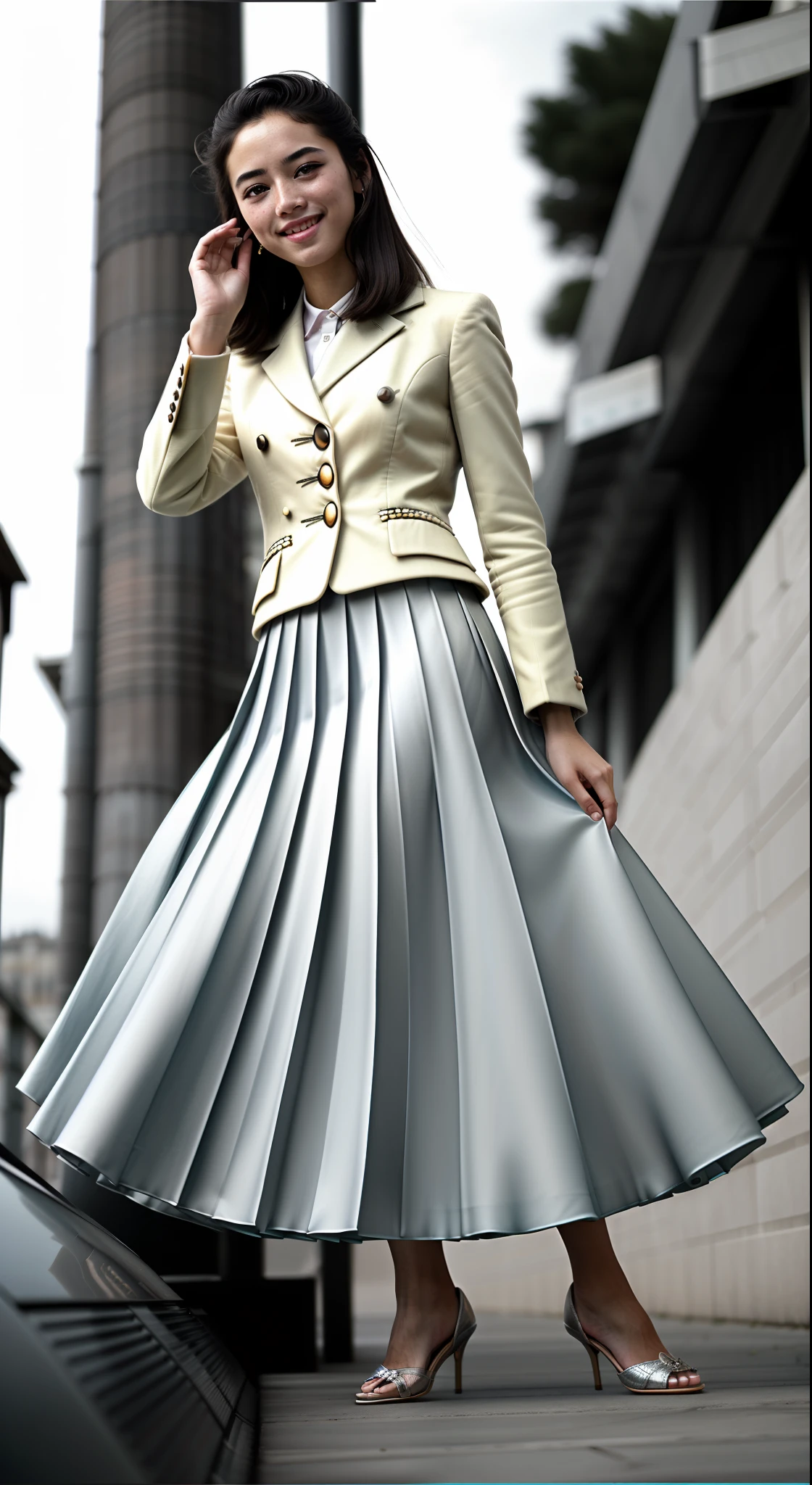1991, very (seductive:1,9) (happy:1,8) smiling young girl wearing short blazer and very very detailed (long (fully pleated) full circle skirt) and (simple) low heeled office shoes, very very intricate hyper-detailed symmetric (attractive graceful young feminine face) with (sad, tired eyes and a shy smile), large breasts, full of empathy and compassion and love, (pronounced (feminine) features), (highly detailed ultra accurate realistic) hands and fingers, playing with skirt, dancing, (windy conditions and wind blowing), epic composition, highly detailed attributes, highly detailed atmosphere, (35mm f1.4 Kodak portra 400 photograph), extremely high quality RAW photograph,