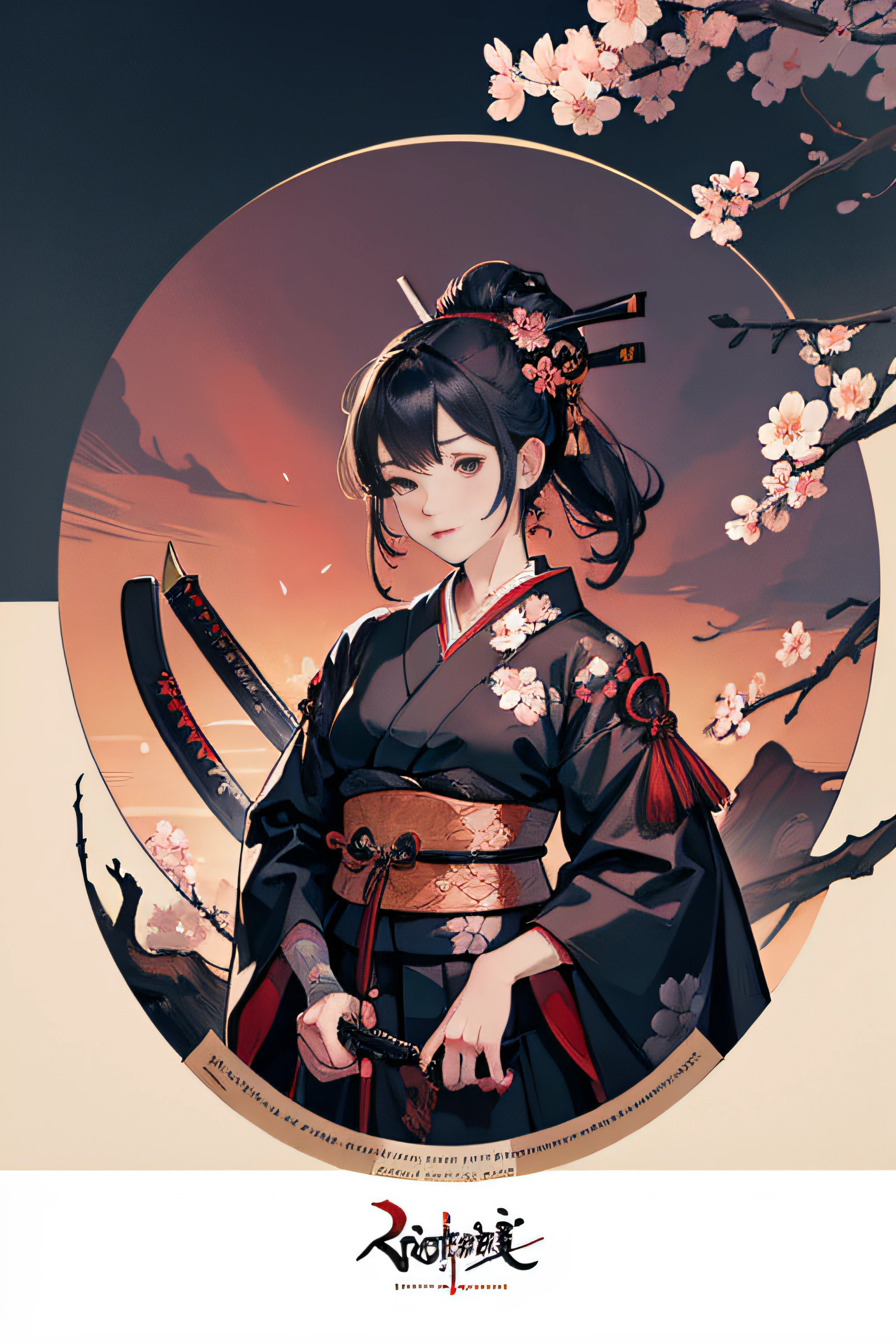 (Masterpiece, Best Quality), 8k Wallpaper, highly detailed, sexy female ronin, samurai, cherry blossom flowers border, japanese tattoos, katana, japan, night, moonlight, vector style art, erotic, movie poster style, lettering.