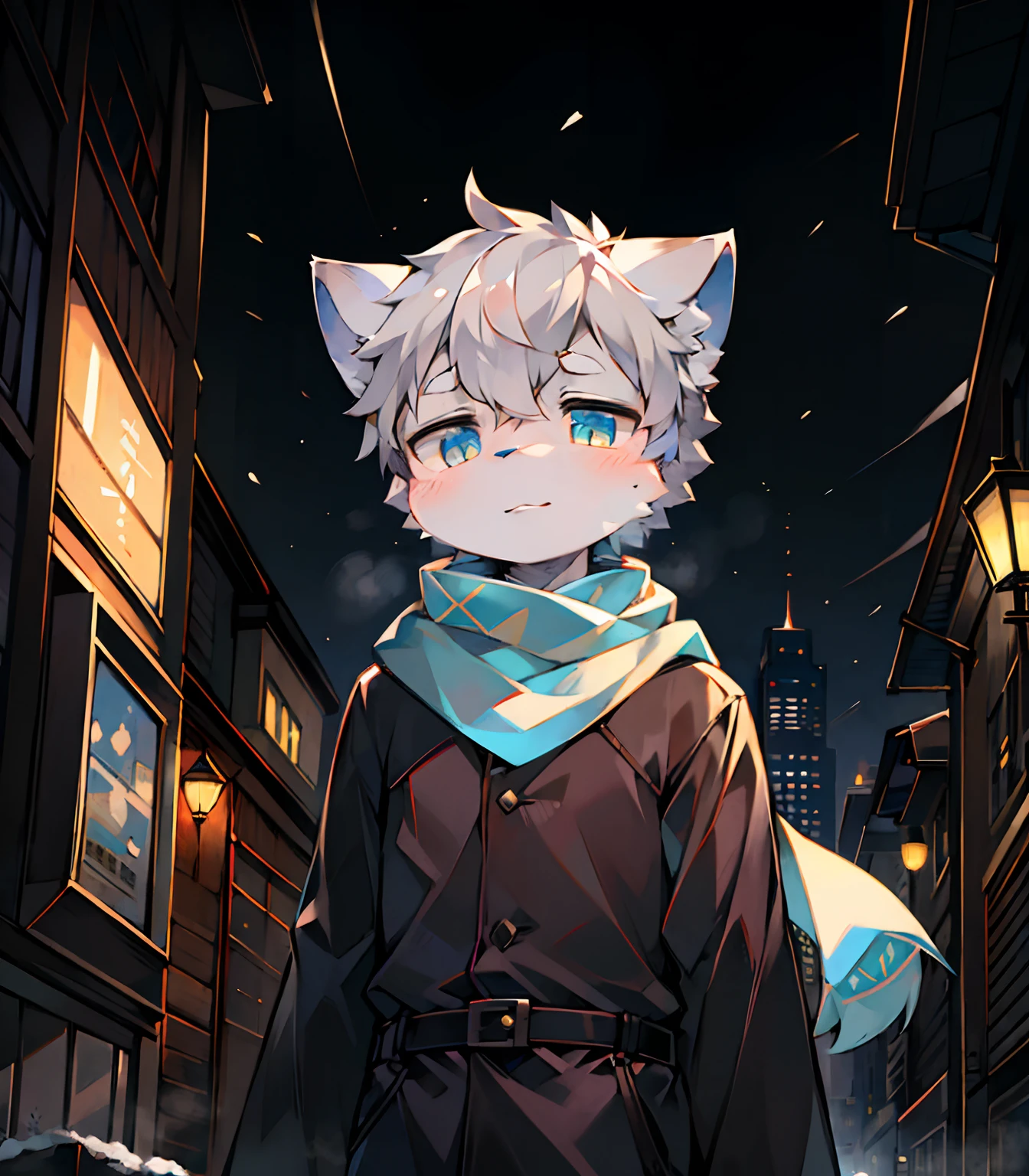 Highest image quality,A masterpiece,Delicate hands,finely-detailed eyes,Normal eyes,Gray cat ears,Furry,Gray hair,adolable,Handsome,((White scarf)),Cat style,Shota,cyber punk perssonage, Blue pupil, city night scene, Gray hair, By bangs,Dappled light and shadow, short detailed hair,ember,There are bright eyes of God, 城市,winter background,2022,Outfit in black,独奏,New Year,Melon seed face,snowflower