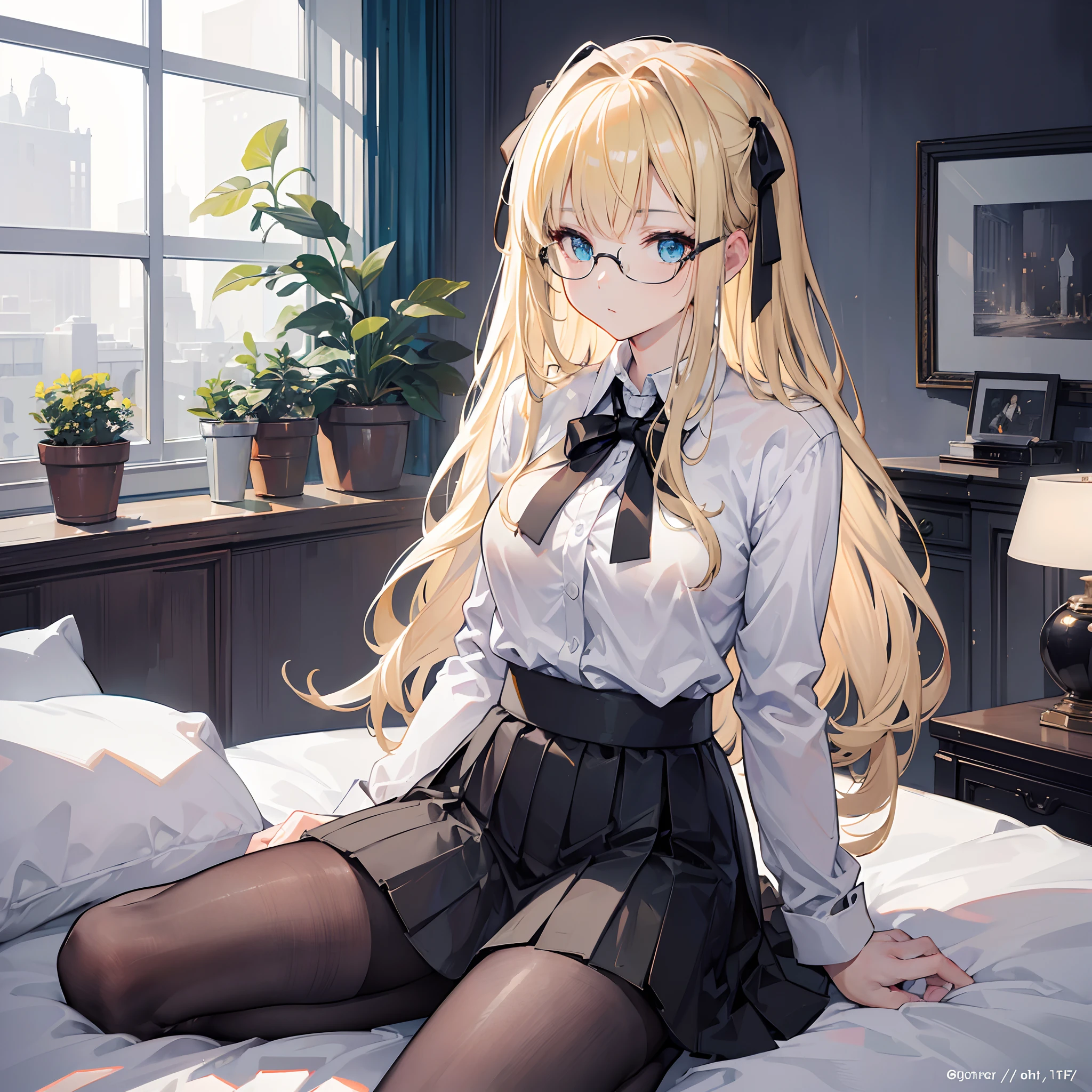 (masterpiece, bestquality, ultra-detail:1.3), perfect composition, 10, (Very detailed, hyper detailed), gentle lighting, raw, HDR, 8K Surface, Extreme Detail, high detailed skin texture, Epic Details, high sharpness,18-year-old blonde, Turquoise eyes, long-haired, Black tie with black ribbon and glasses.. Wear a black shirt with white buttons and a long white shirt.... Black miniskirt, Sit on the bed by the window.
