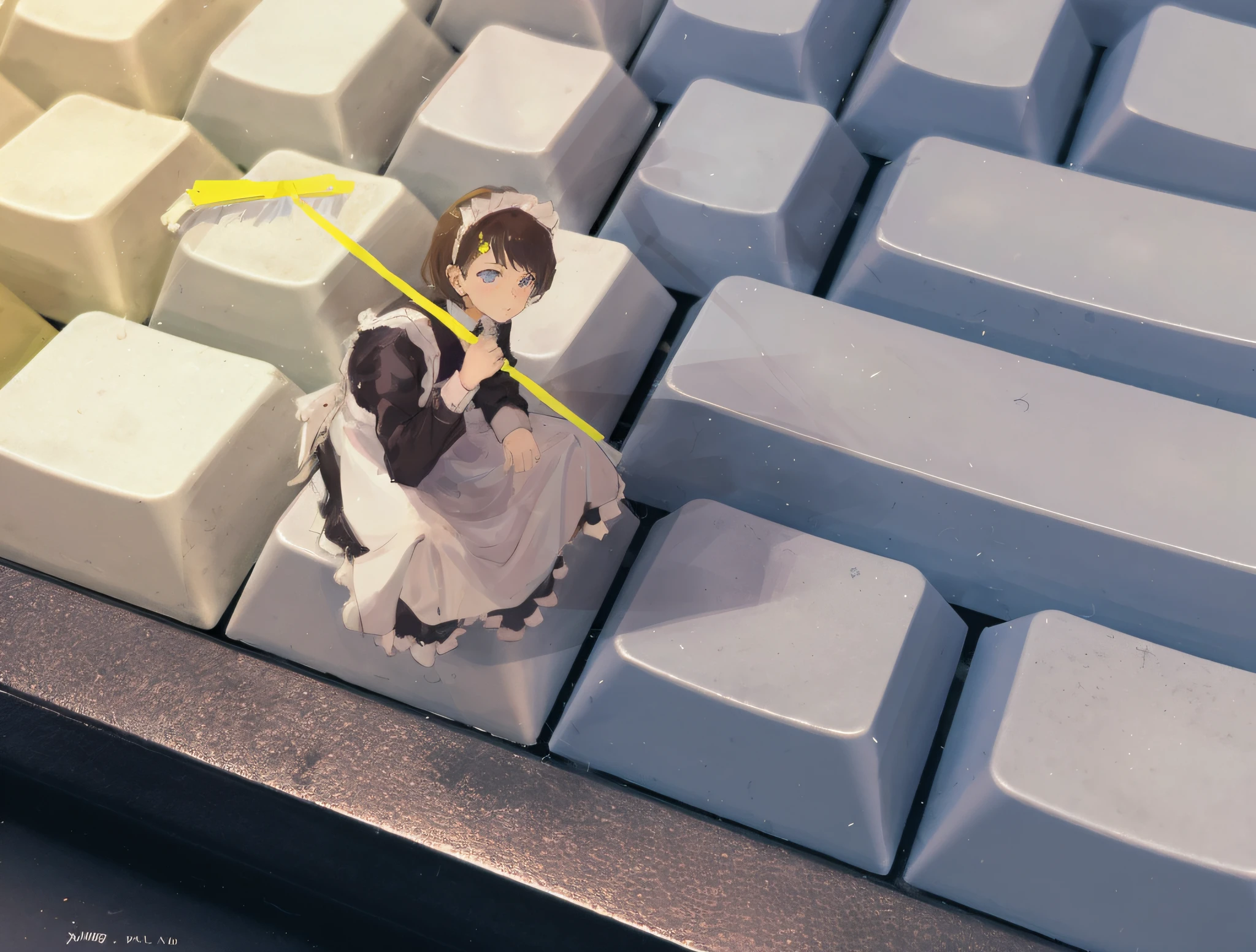 there is a figurine of a woman on a keyboard, artwork in the style of guweiz, guweiz, makoto shinkai. digital render, guweiz masterpiece, guweiz and makoto shinkai, cosplay of a catboy! maid! dress, close up of lain iwakura, harry potter in a maid’s uniform, makoto