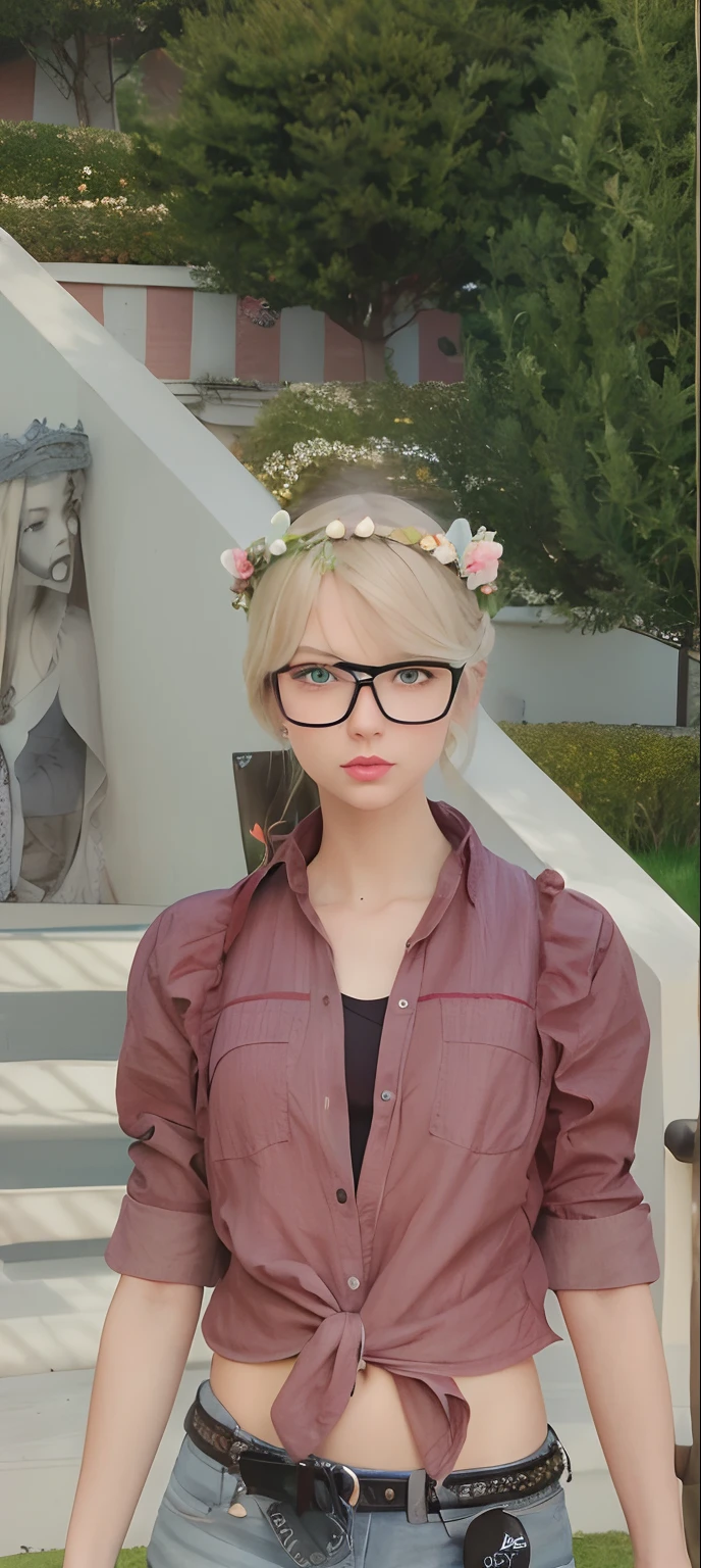 1girls, lips,  glasses, A crown of flowers, looking at viewer, realistic, Taylor Swift face, young