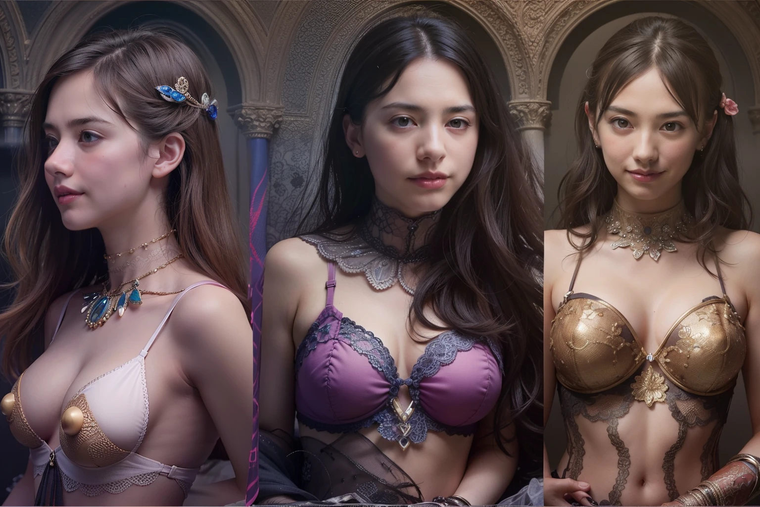 (2 beautiful teenage Italian girls:1.6), intimate friends, (They are holding each other:1.2), kissing her cheek or breast,(Detailed iridescent bodysuit with beautiful fractal or marble design:1.5), (Beautiful and d delicate ruby, topaz, emerald and sapphire jewelry:1.6), Complex and colorful biomechanical bodysuit, Zentangle, mandalas, Entangled, Vulgarity, beautiful breast, (Open legs:1.4), (Open vgina:1.4),on the bed, obscenity, (Lewd smile:1.2), coarse, Obscene, mean, (raunchy:1.2), (Immoral:1.2), Lachish, (small breasts with beautiful raised pink areolas:1.5), (Cameltoe), (Expression of ecstasy:1.2), Photorealistic, Official art, Unity 8k wallpaper, 8K Portrait, Best Quality, Very high resolution, (Incredibly beautiful nature background:1.6), One girl, One beautiful teenage italian girl, (18 years old:1.5), (Sexy and glamorous:1.1), (A coquettish expression:1.6), (seductively smiling:1.6), (Full body), (erotic posing:1.5), Beautiful seductive face, Portrait, (Thick eyebrows:1.2), (Big purple eyes:1.2), Beautiful eyes with fine symmetry, (Ultra detailed eyes:1.4), (High resolution eyes:1.1), Intimate face, (ultra detailed skin texture:1.4), White skin, pale skin, Perfect Anatomy, Thin, (Beautiful toned body:1.1), Hair Bow, (Moist skin:1.1), full of sweat, No makeup, dark circles, Good anatomy, Focus Face, good-looking, (Emilia Clark:0.6) (Emma watson:0.3),(Jennifer Connelly:0.4), (sensual face:1.5), Elegant face, Nice, Dolce, Cyberpunk Sci-Fi, (Gauntlets with intricate and beautiful designs:1.2), Blurred background, Blurred foreground, depth of fields, (Motion Blur:1.1), (Small breasts:1.2), Sheer breast, (beautiful boob:1.2), (NSFW:1.4), large hips, drivel, Juice stain, grabbing on breasts, (Slim and toned body:1.5), (Low-cut punk medieval armor:1.2), (Bright chrome gold lingerie with sharp reflections:1.2) (Pedras preciosas:1.2),